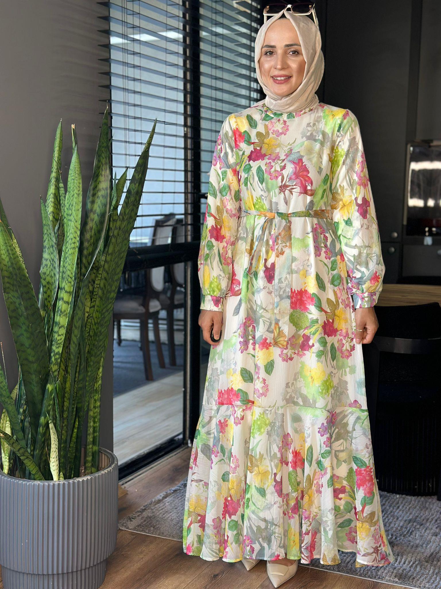 2746 YAPRAK DESENLİ ELBİSE YEŞİL 