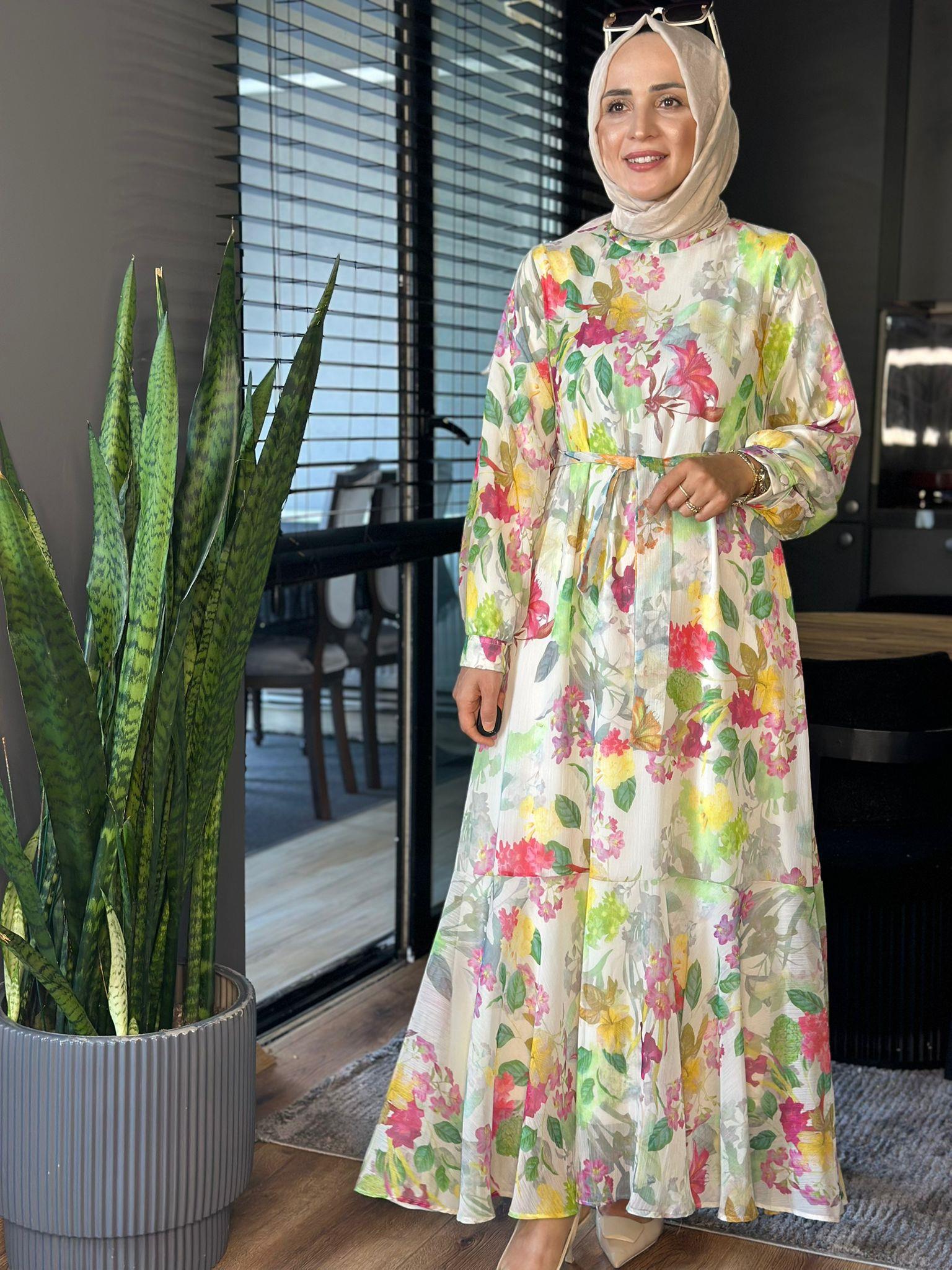 2746 YAPRAK DESENLİ ELBİSE YEŞİL 