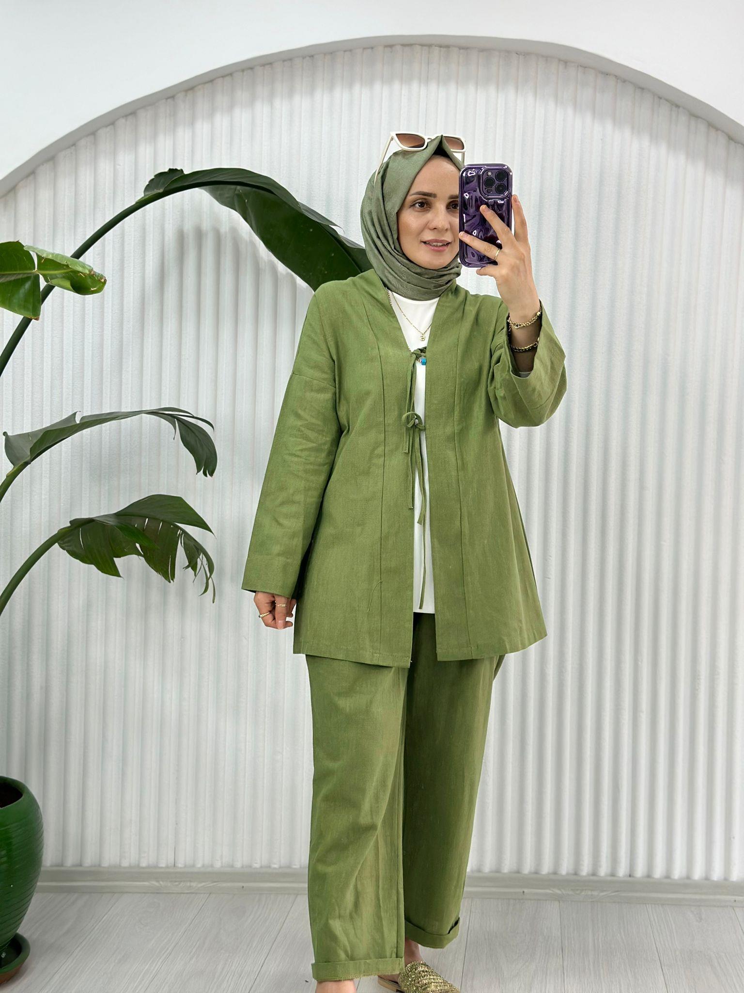 2856 KETEN PANTOLON TAKIM MİNT YEŞİL 