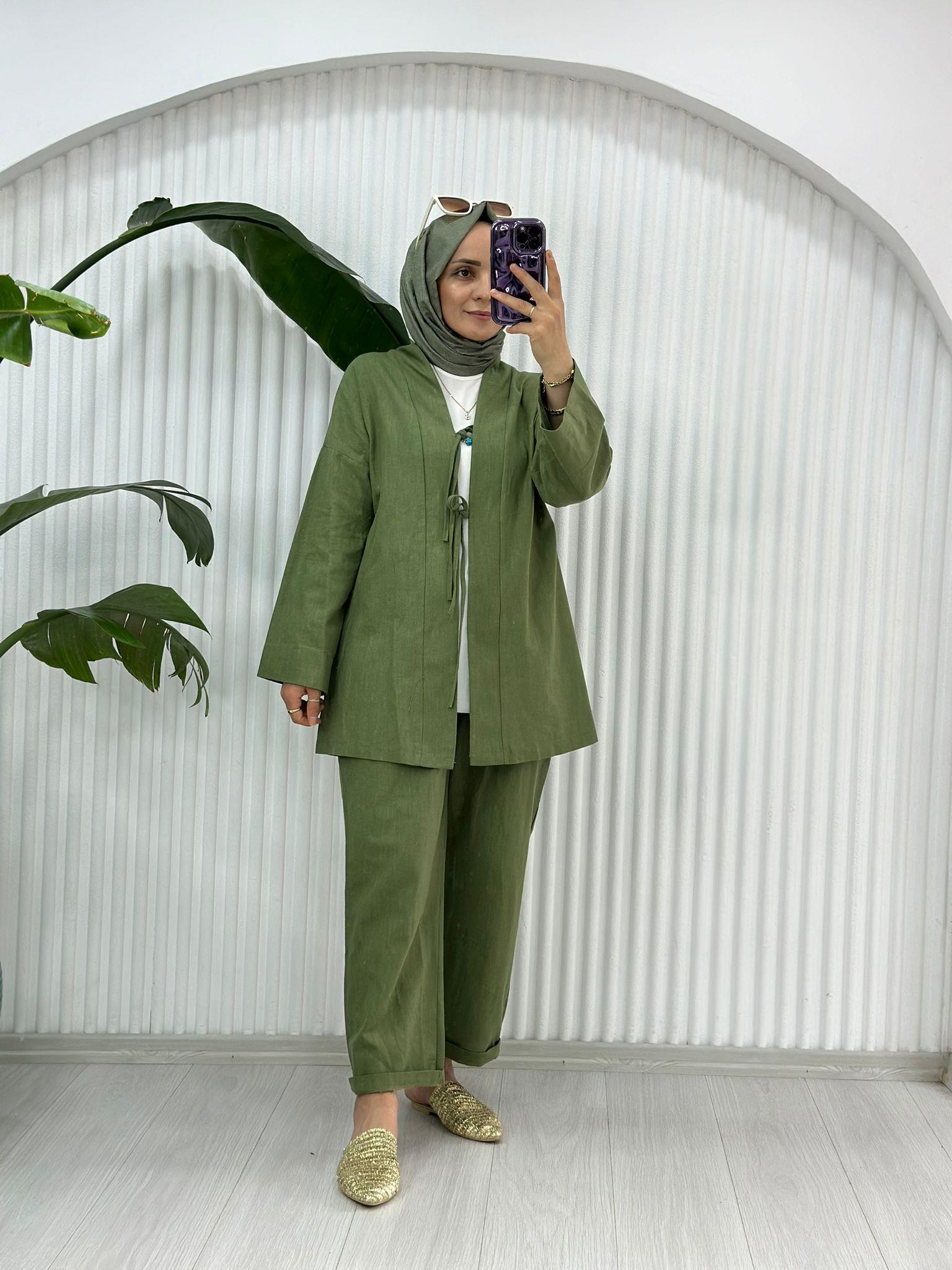 2856 KETEN PANTOLON TAKIM MİNT YEŞİL 