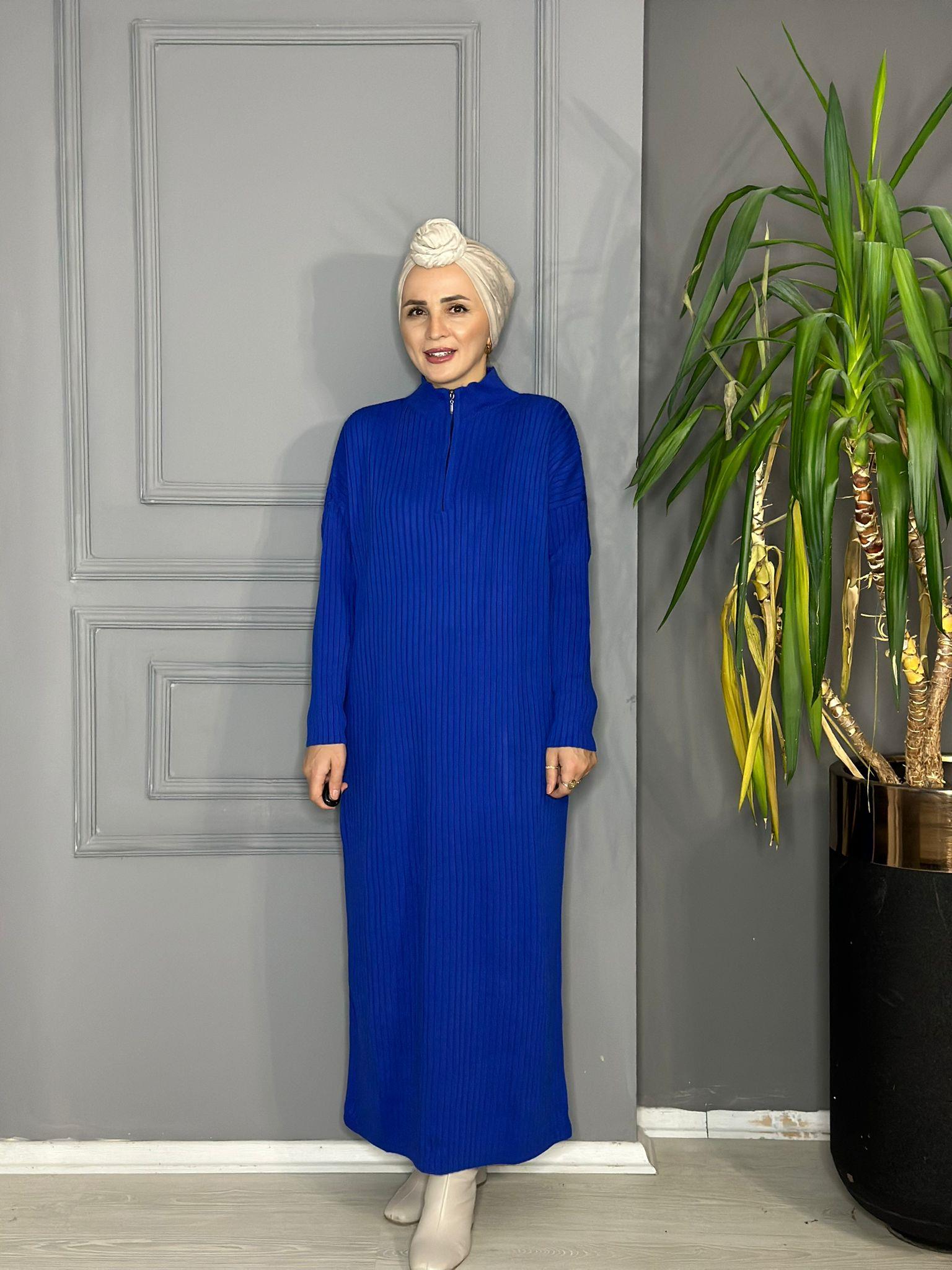 30233 YARI FERMUAR ELBİSE SAKS MAVİ