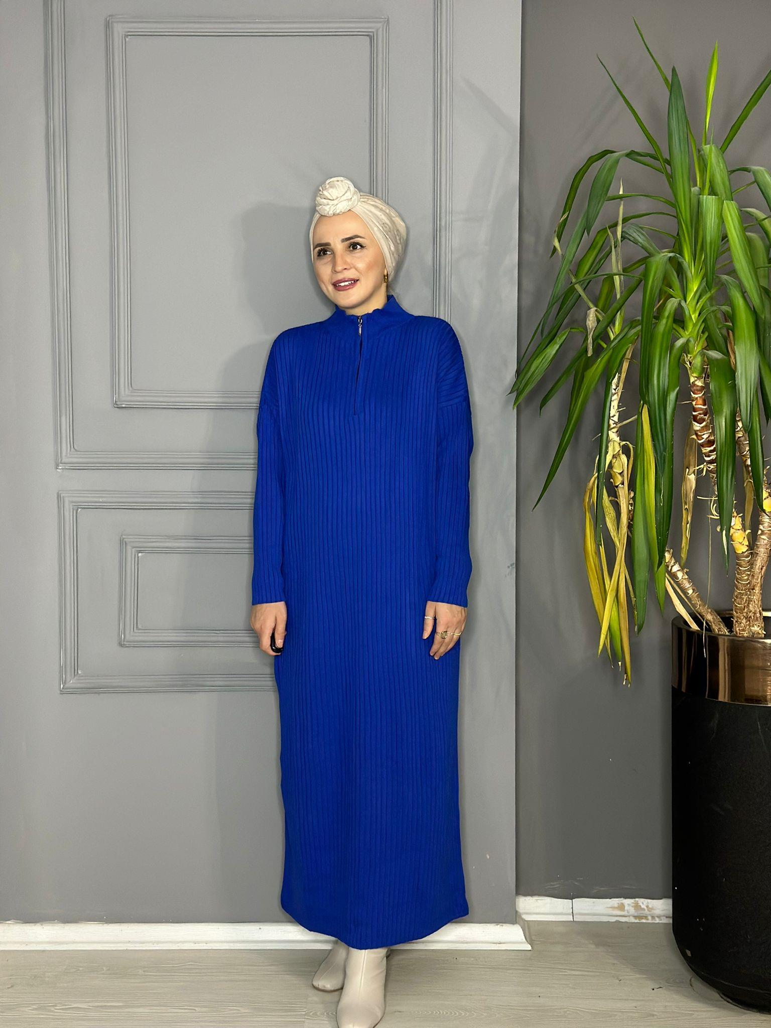 30233 YARI FERMUAR ELBİSE SAKS MAVİ