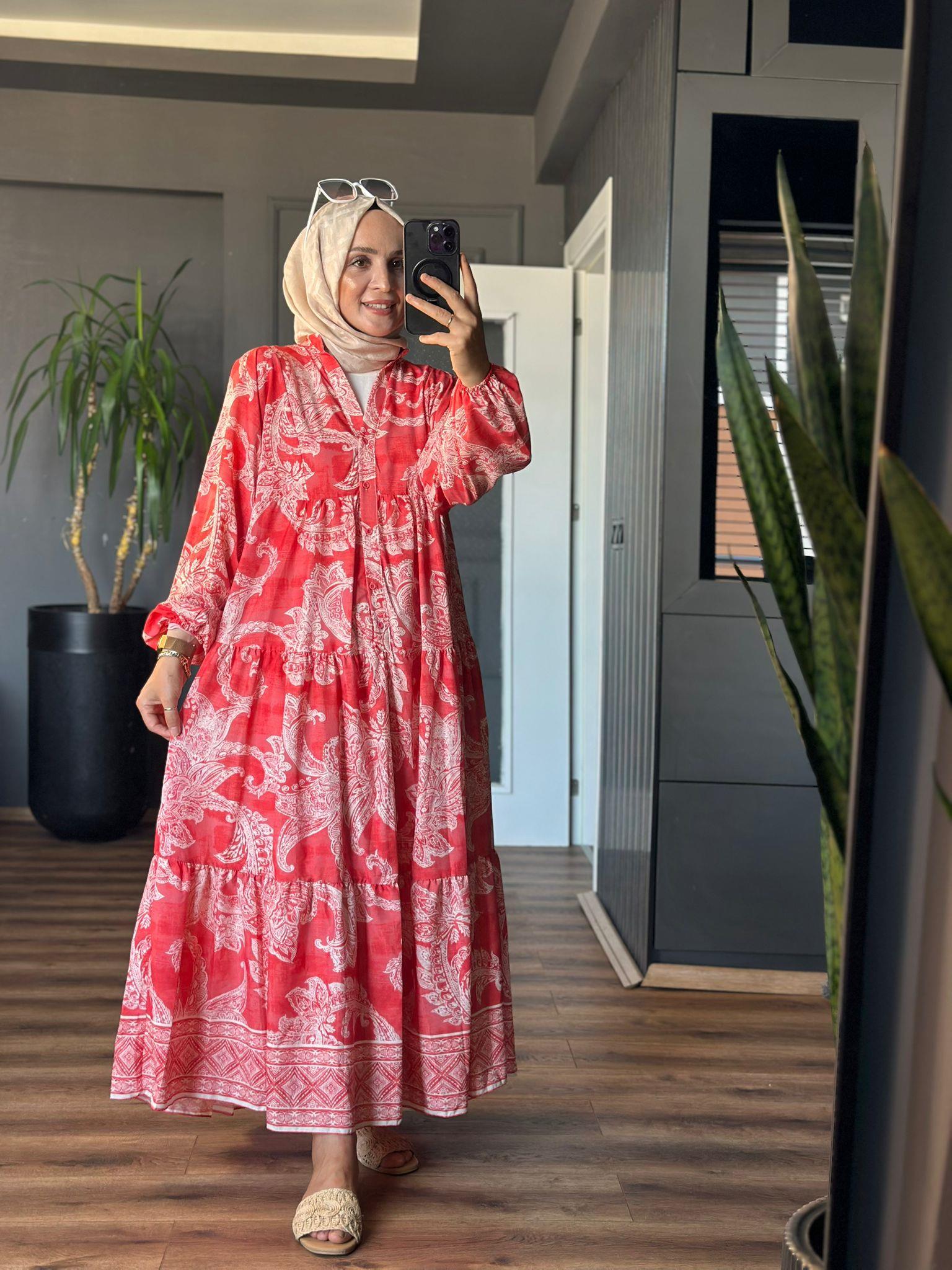 32362 DESENLİ BALON KOL ELBİSE KIRMIZI