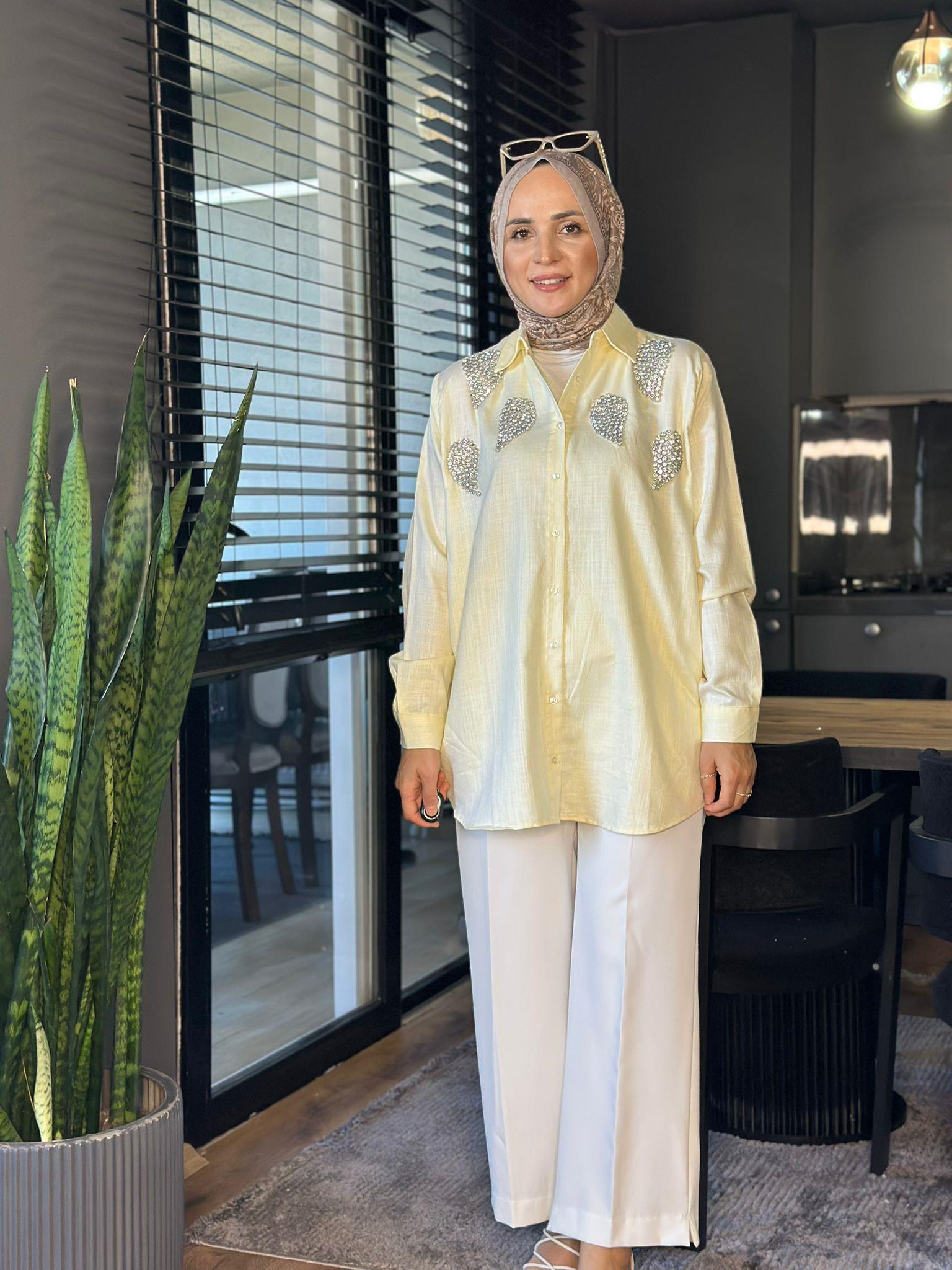 34573  DAMLA TAŞ DETAYLI GÖMLEK SARI 