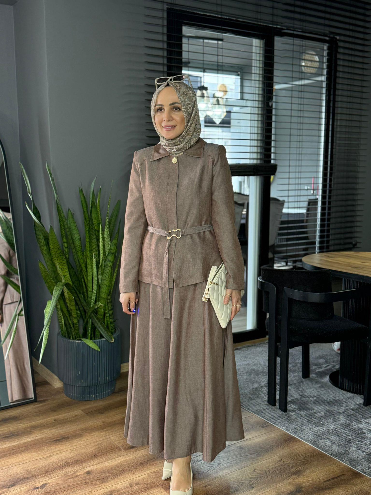3912 KEMERLİ ETEK TAKIM KAHVERENGİ 