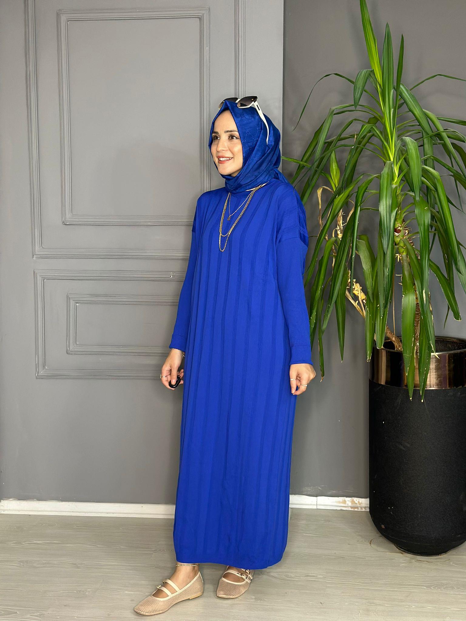 40730 MERSERİZE TRİKO ELBİSE SAKS MAVİ
