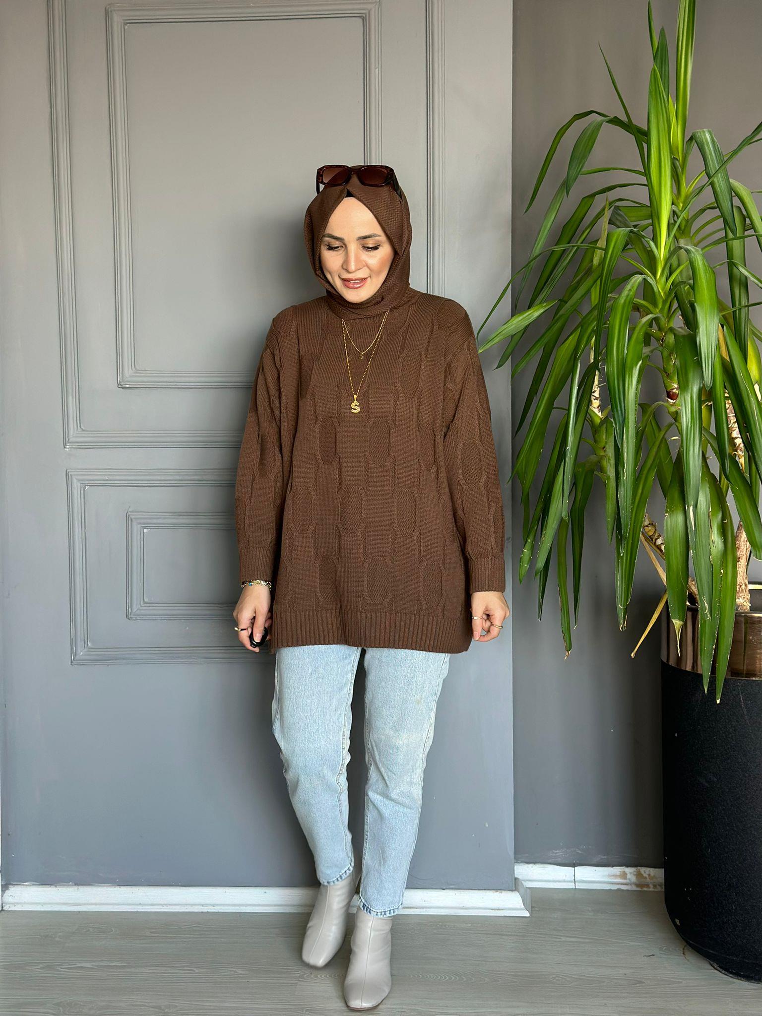 40743 BAKLAVA DESEN KAZAK KAHVERENGİ