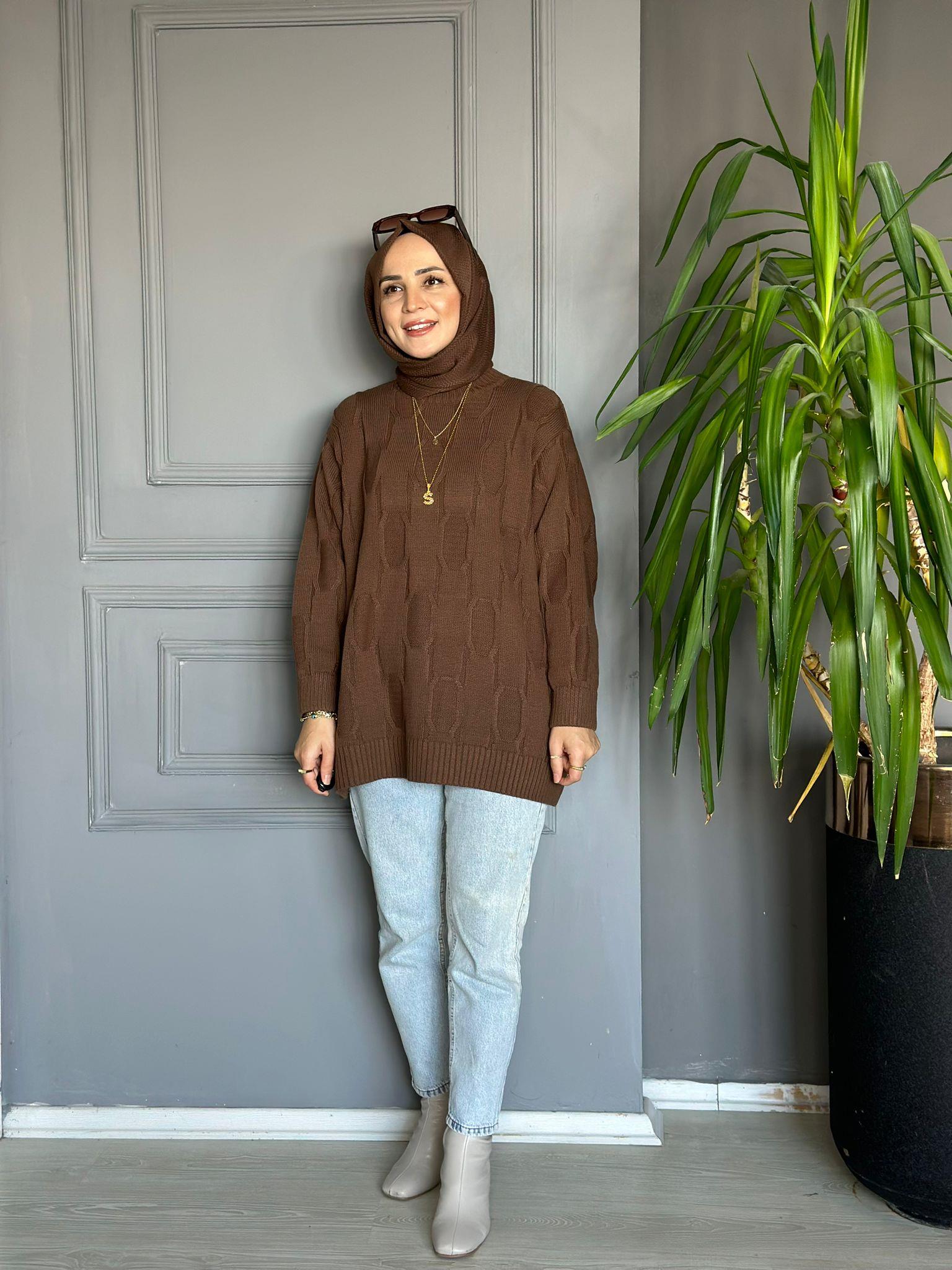 40743 BAKLAVA DESEN KAZAK KAHVERENGİ