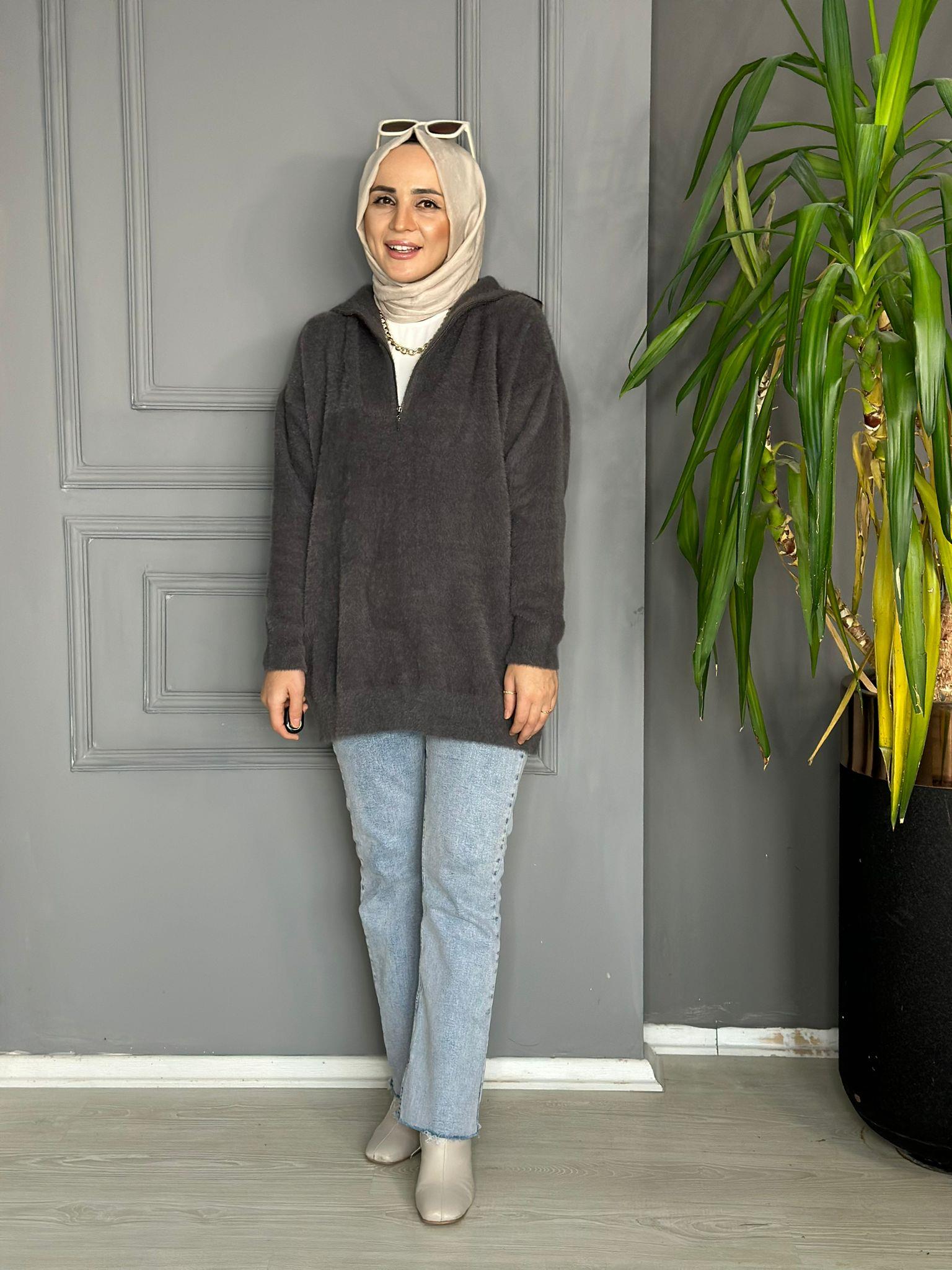 40820  YARIM FERMUAR DETAY SAKALLI SWEAT   ANTRASİT GRİ