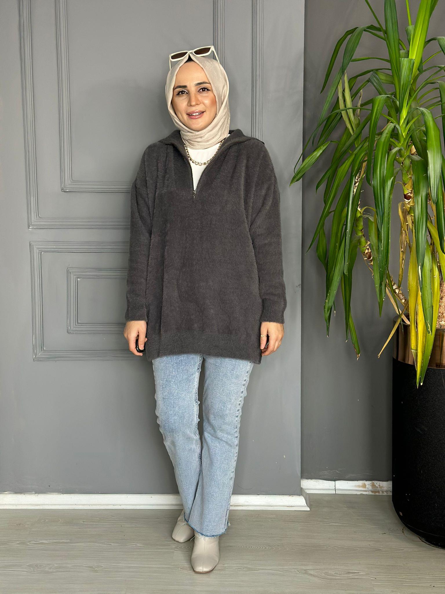 40820  YARIM FERMUAR DETAY SAKALLI SWEAT   ANTRASİT GRİ