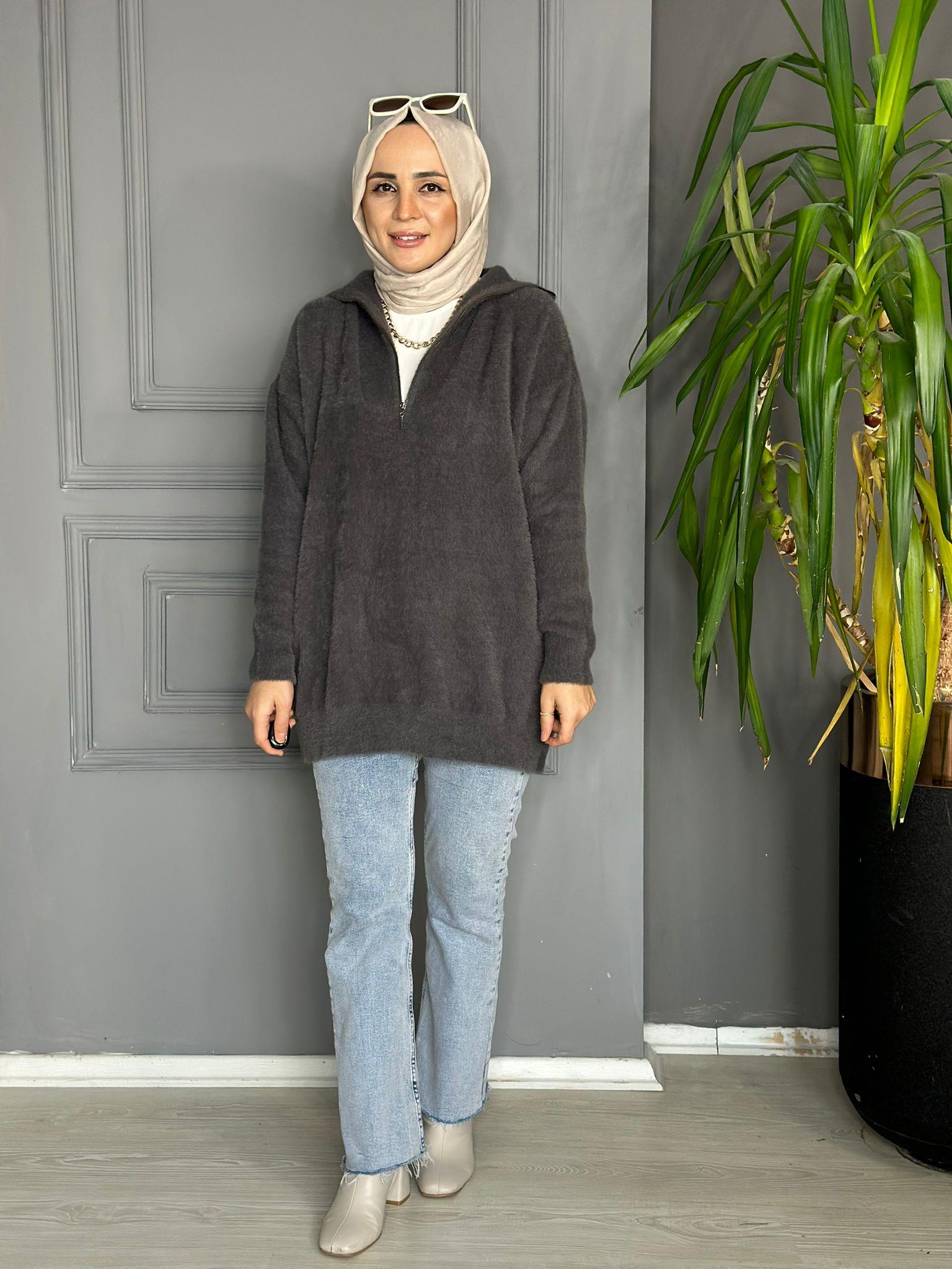 40820  YARIM FERMUAR DETAY SAKALLI SWEAT   ANTRASİT GRİ