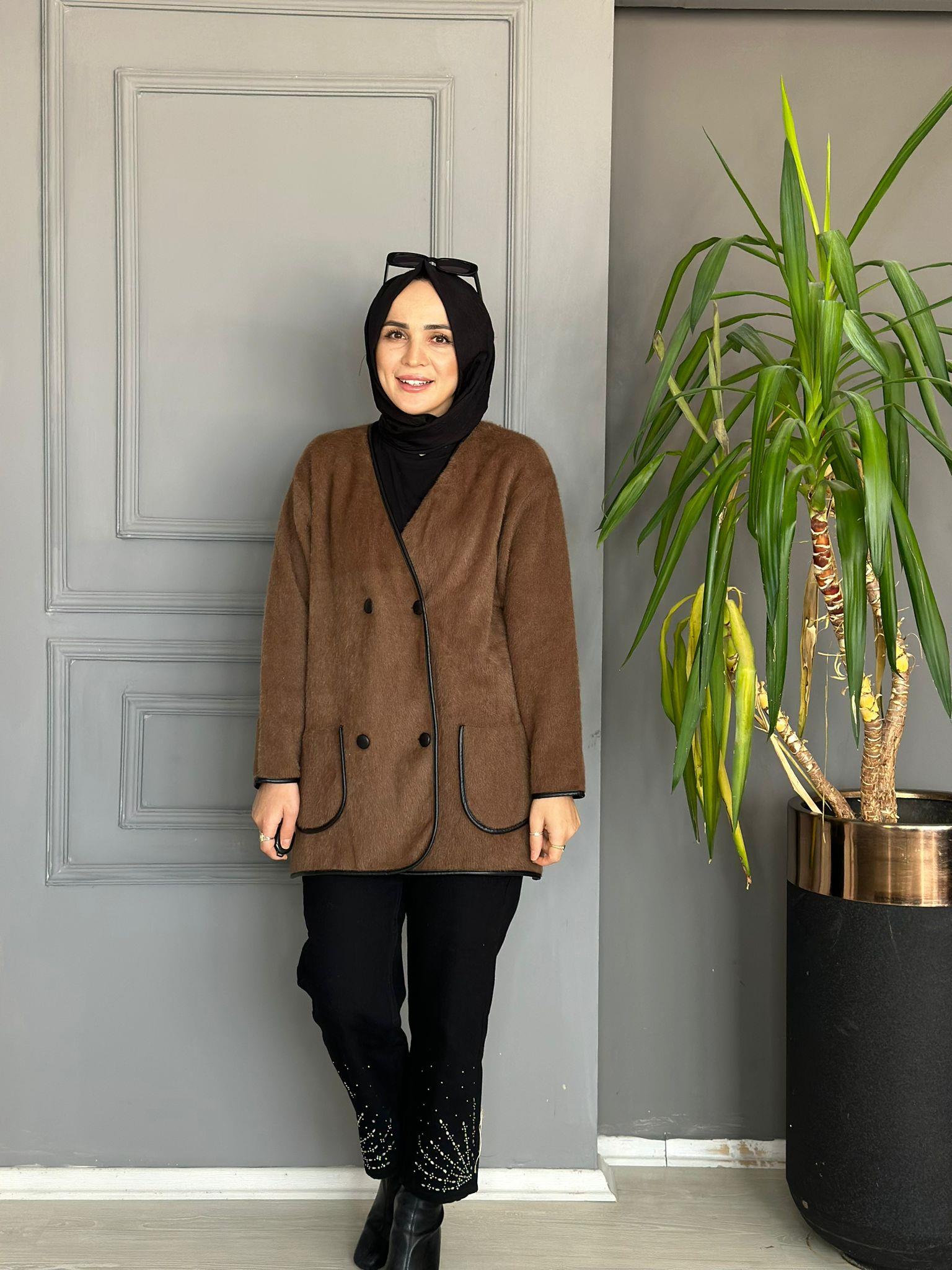 40840 DERİ DETAY ANGORA CEKET KAHVE