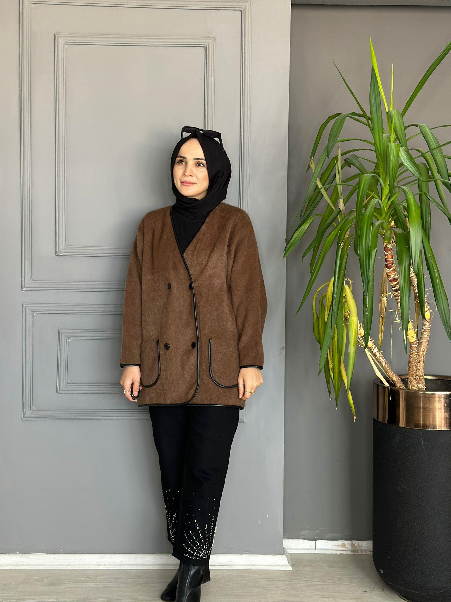 40840 DERİ DETAY ANGORA CEKET KAHVE
