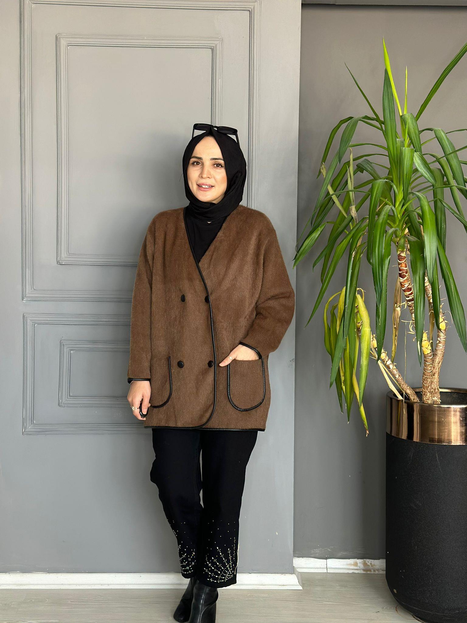 40840 DERİ DETAY ANGORA CEKET KAHVE