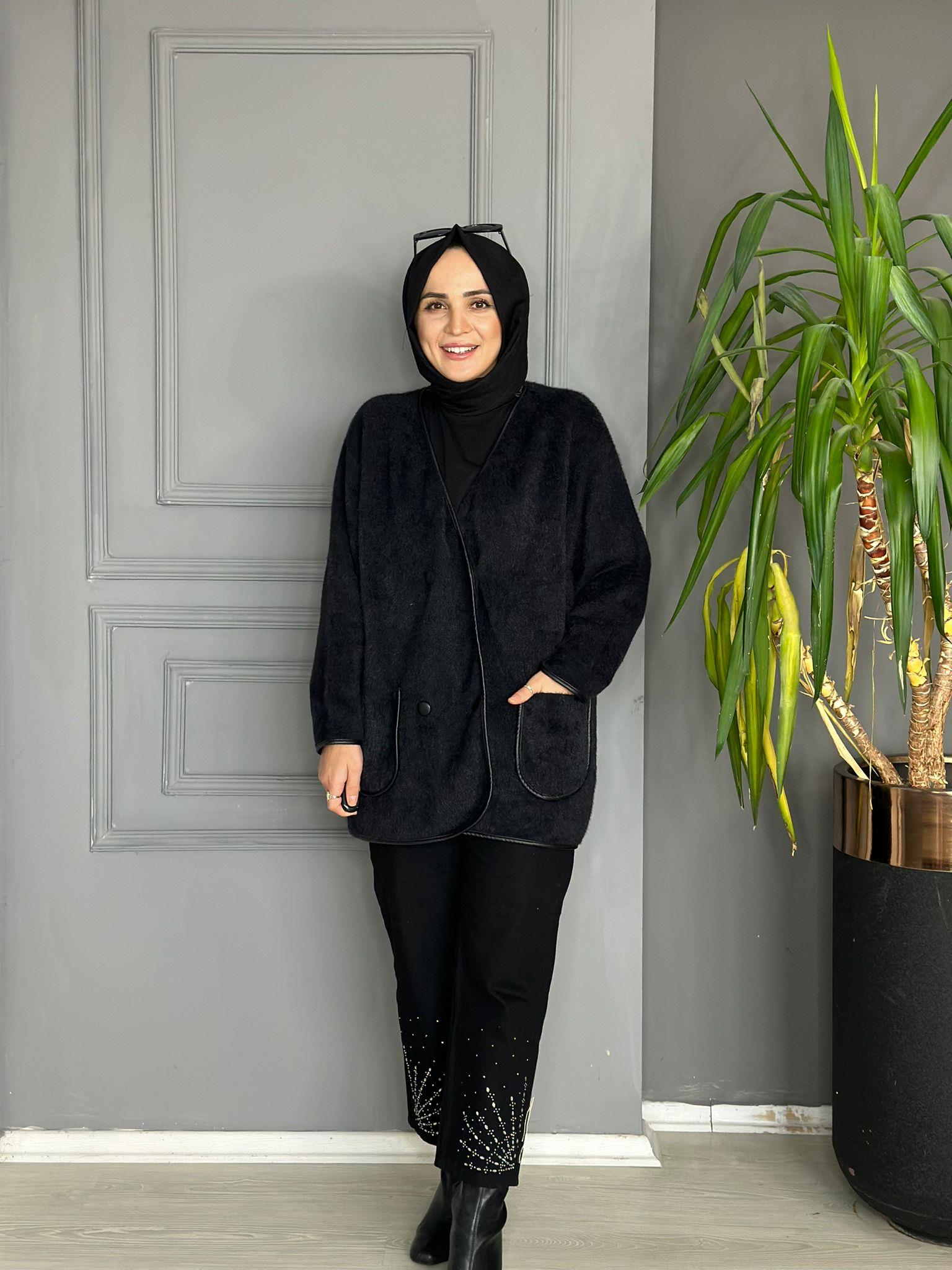 40840 DERİ DETAY ANGORA CEKET SİYAH