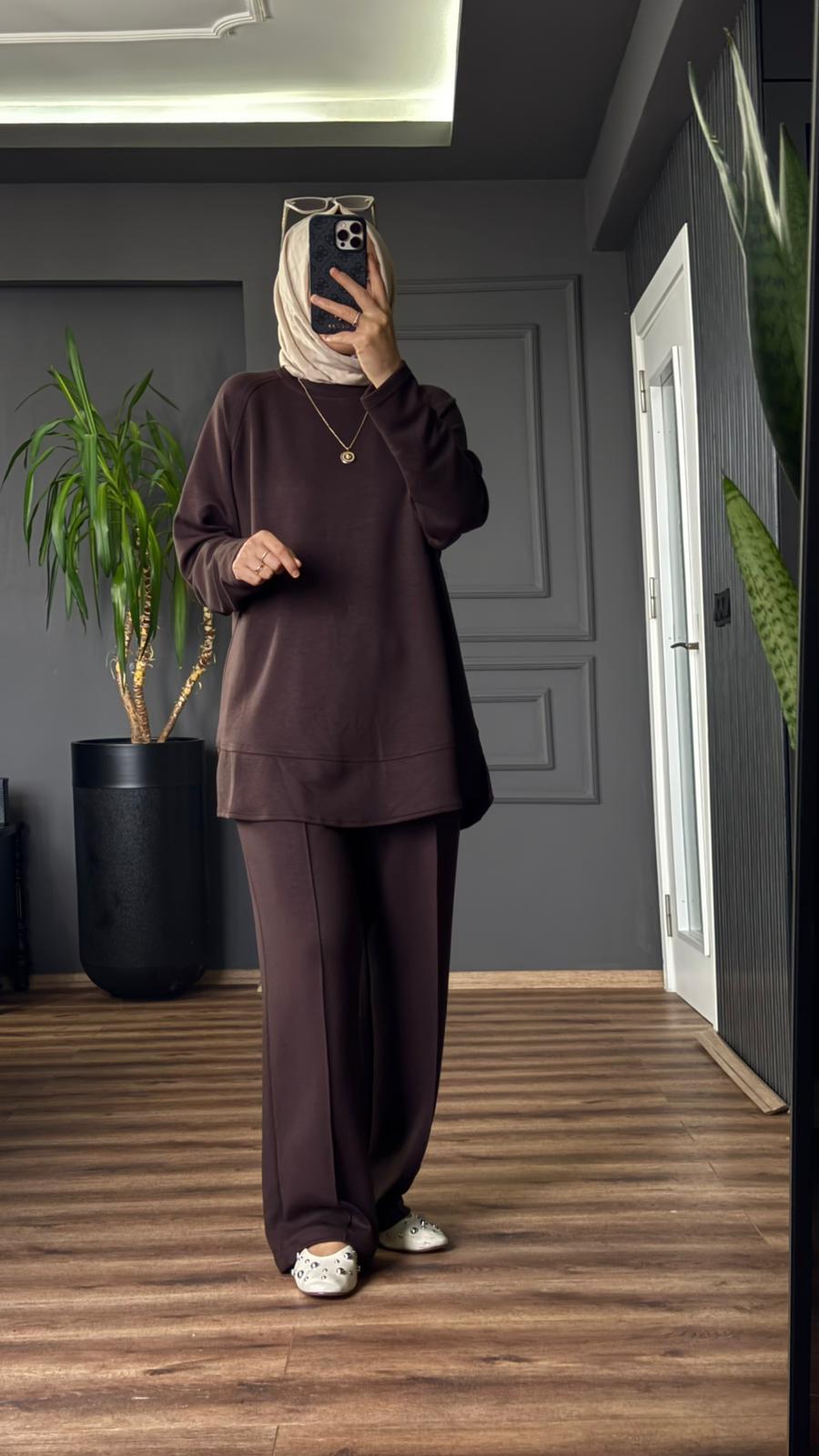5010 OYSHO PANTOLONLU TAKIM KAHVERENGİ 