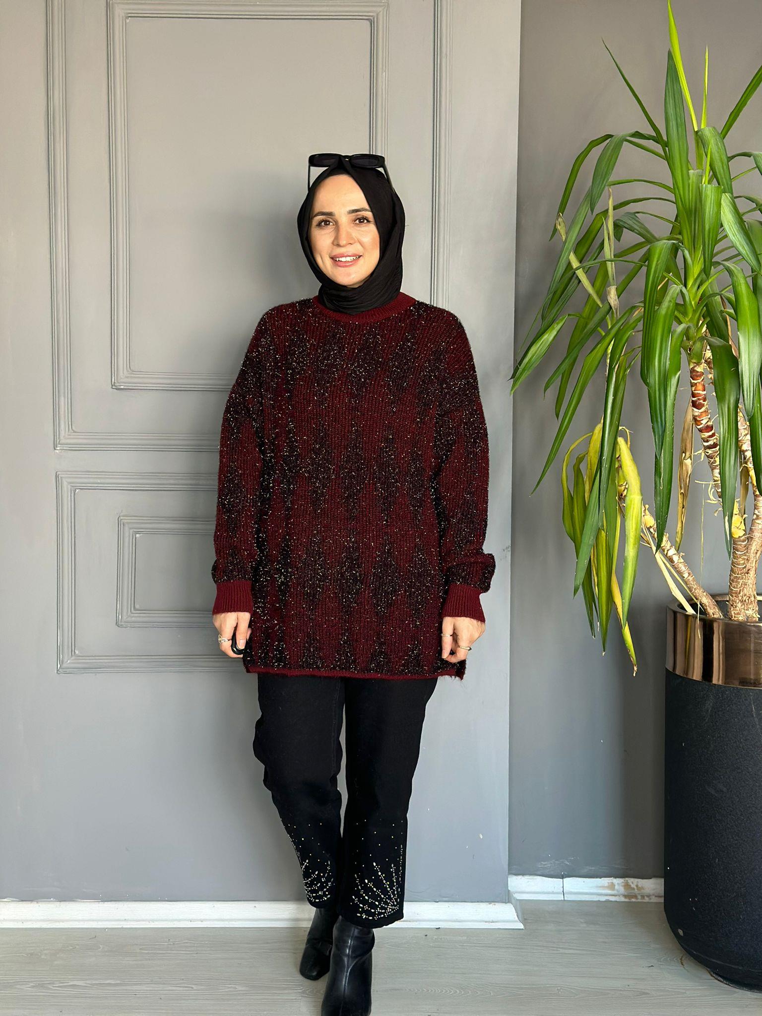 51118 PARLAK GEÇİŞLİ KAZAK BORDO