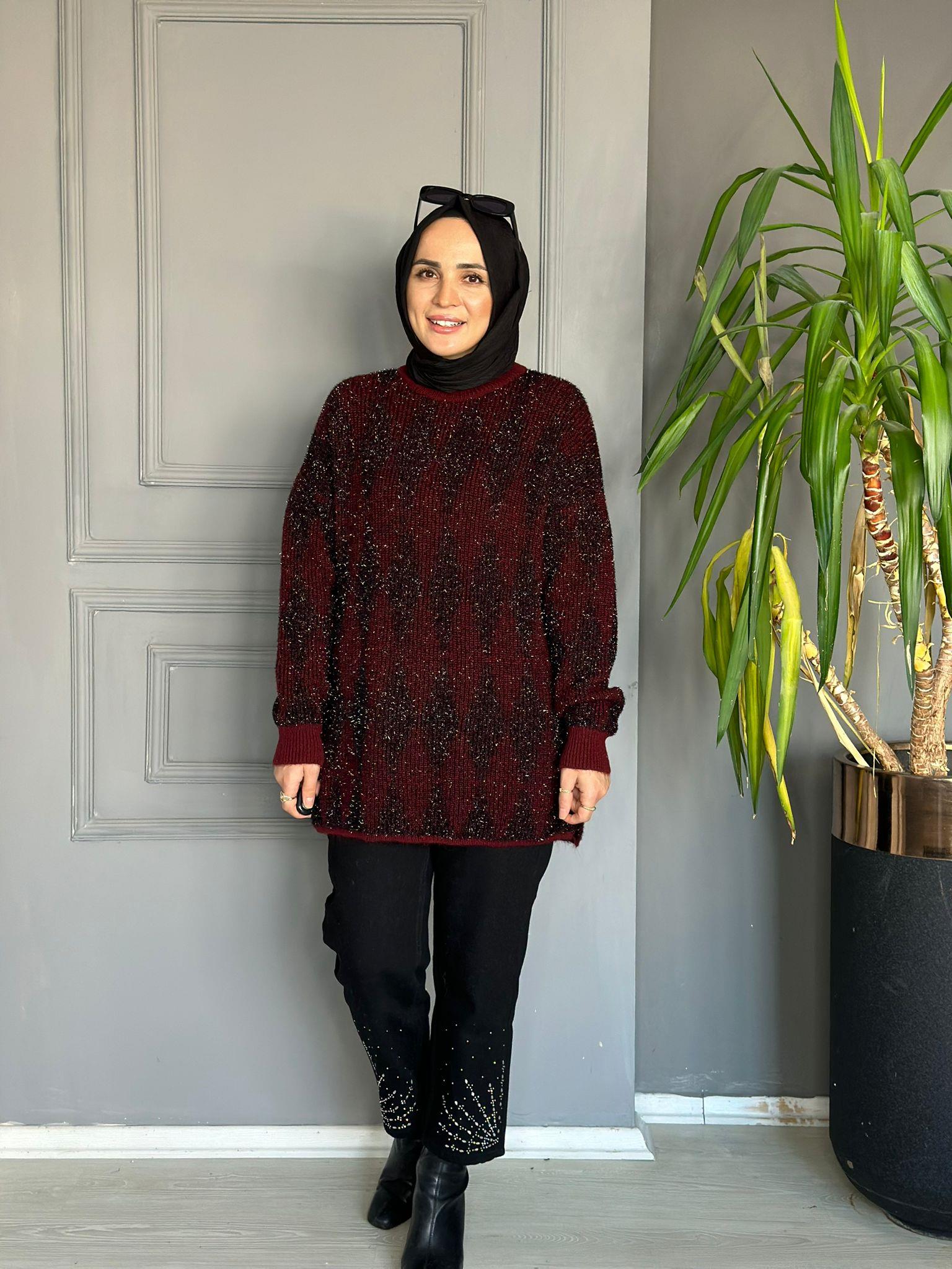 51118 PARLAK GEÇİŞLİ KAZAK BORDO