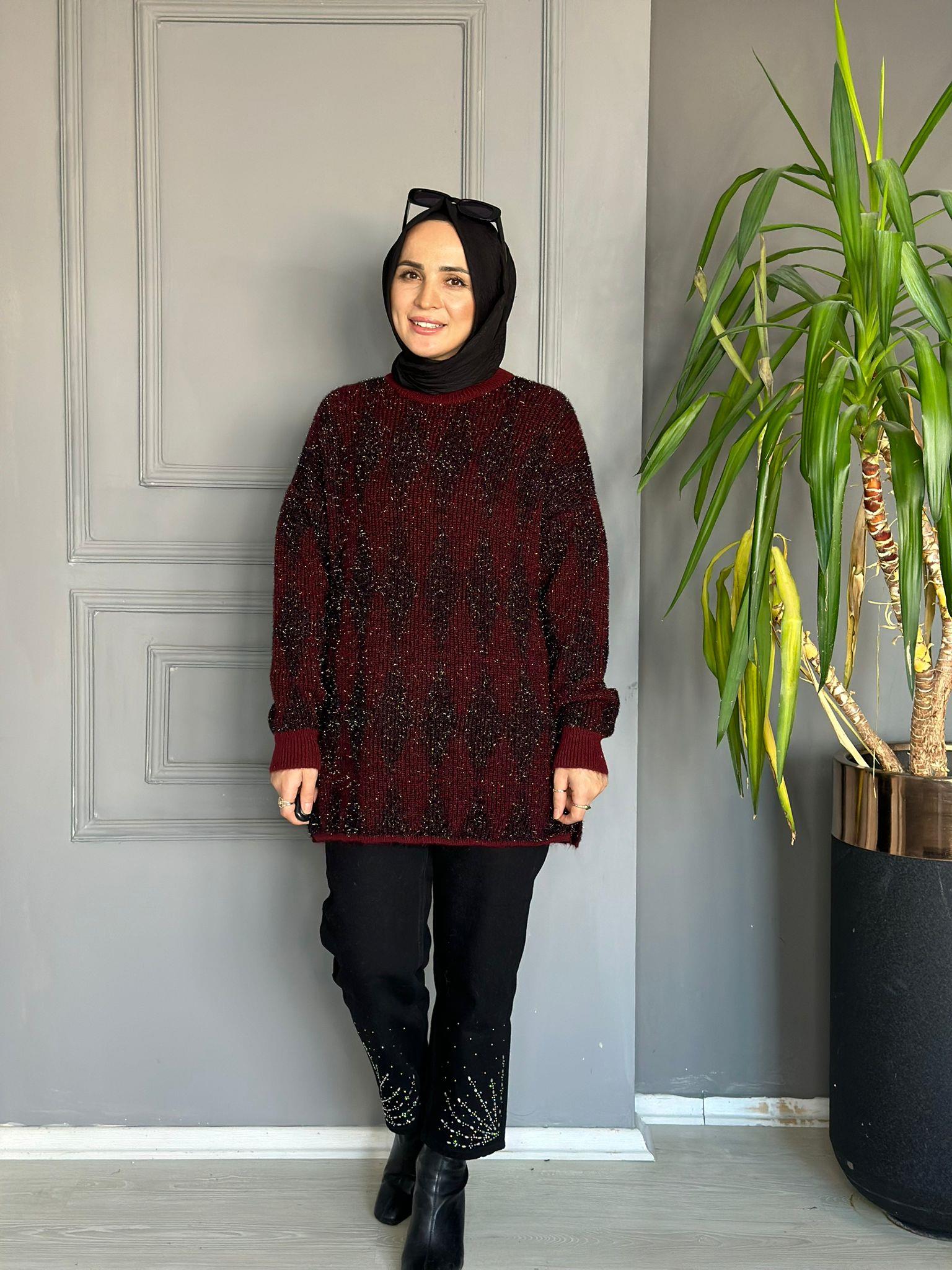 51118 PARLAK GEÇİŞLİ KAZAK BORDO