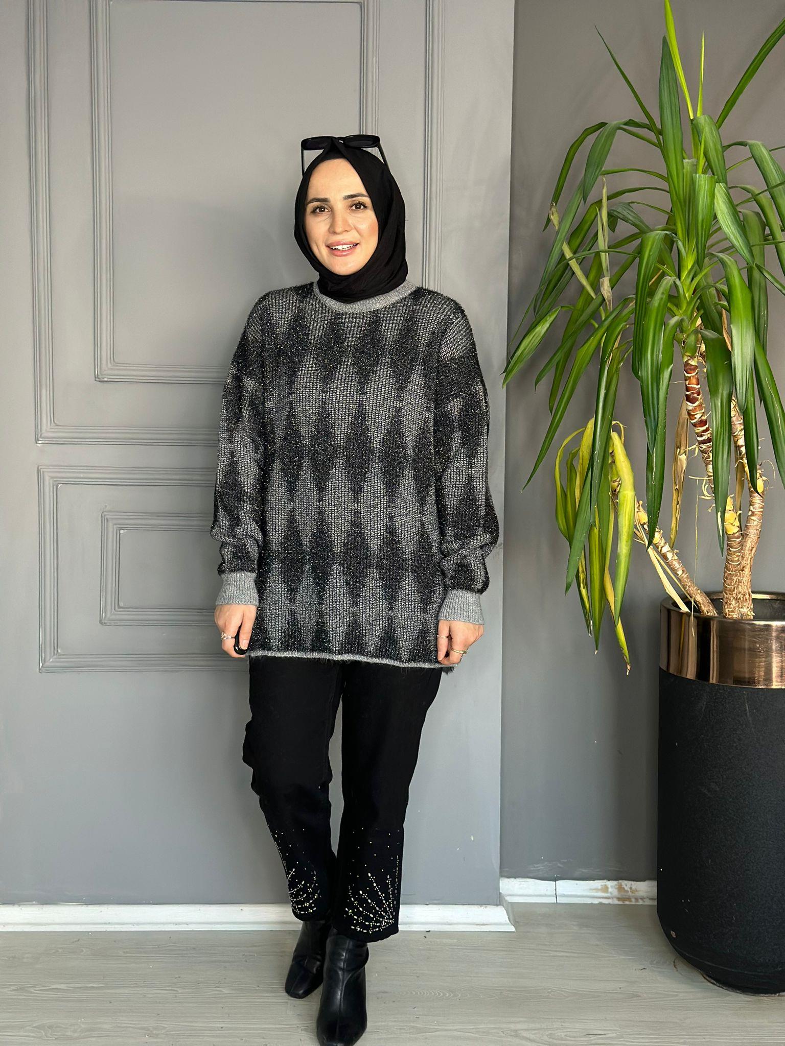 51118 PARLAK GEÇİŞLİ KAZAK GRİ