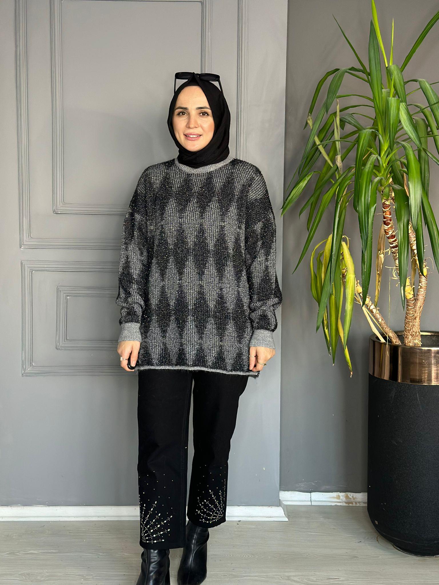 51118 PARLAK GEÇİŞLİ KAZAK GRİ