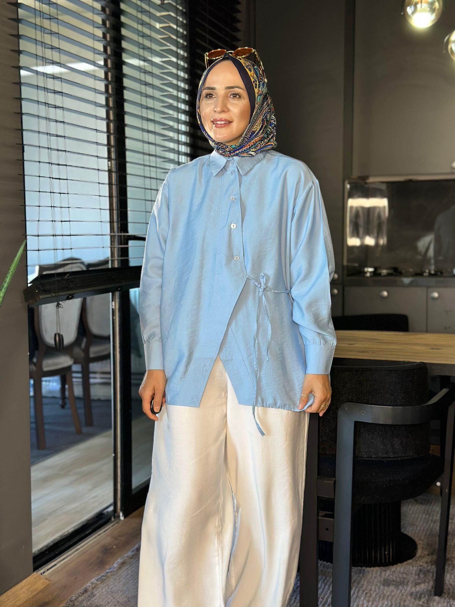 5760 ASİMETRİK KESİM İPLİ TUNİK MAVİ 