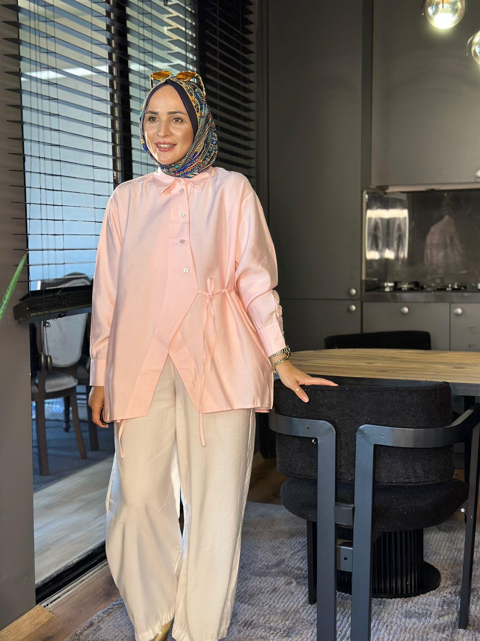 5760 ASİMETRİK KESİM İPLİ TUNİK PEMBE 