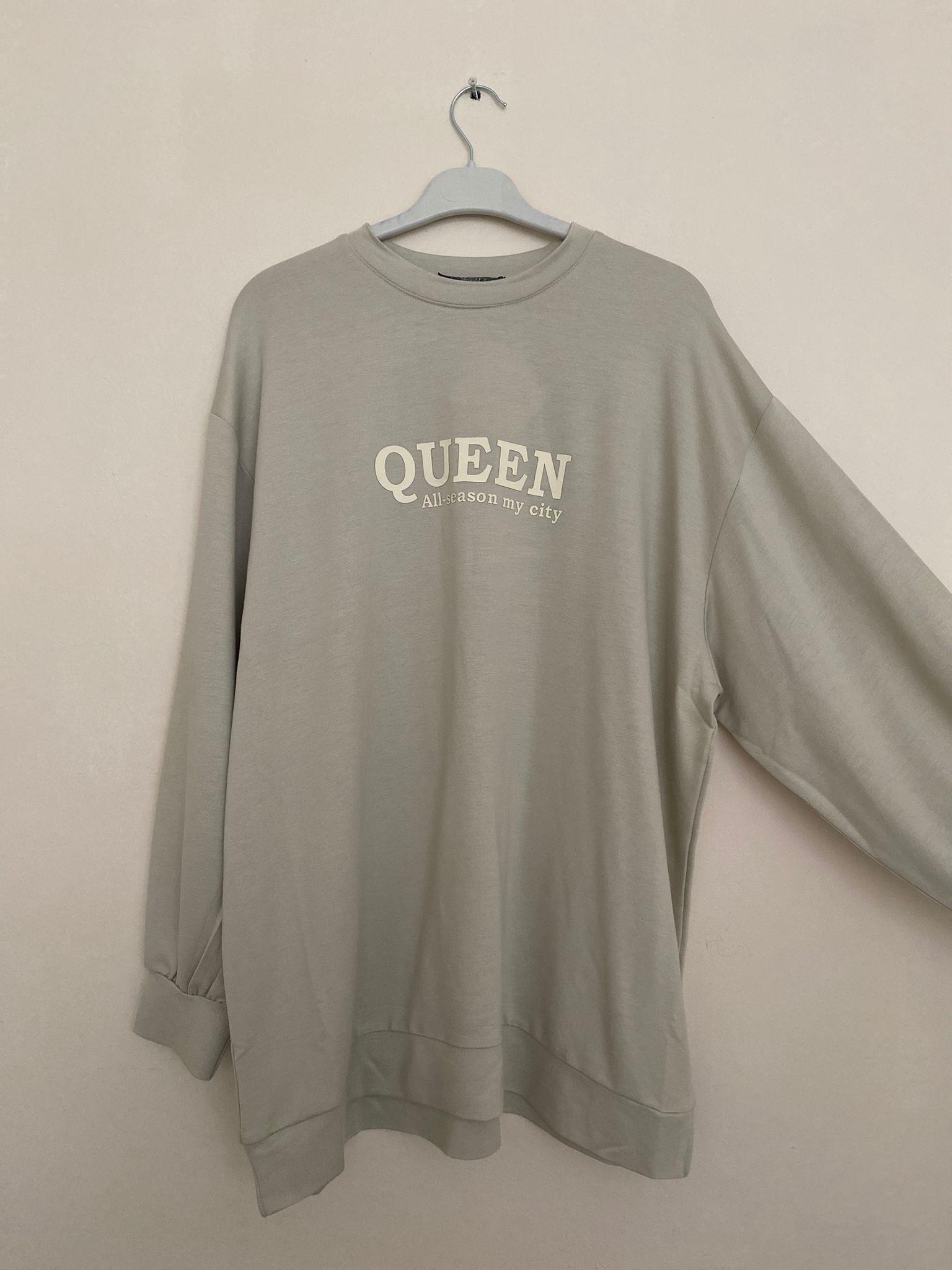 5849 QUEEN BASKI TUNİK BEJ OVERSİZE