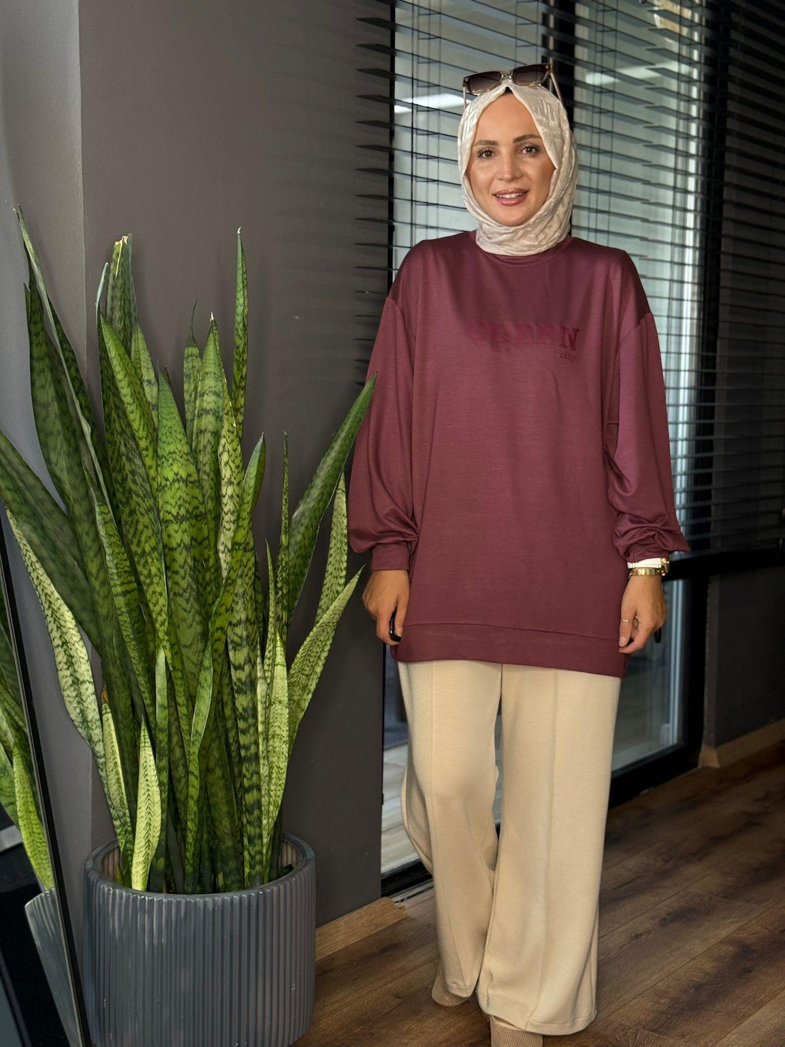 5849 QUEEN BASKI TUNİK MÜRDÜM OVERSİZE
