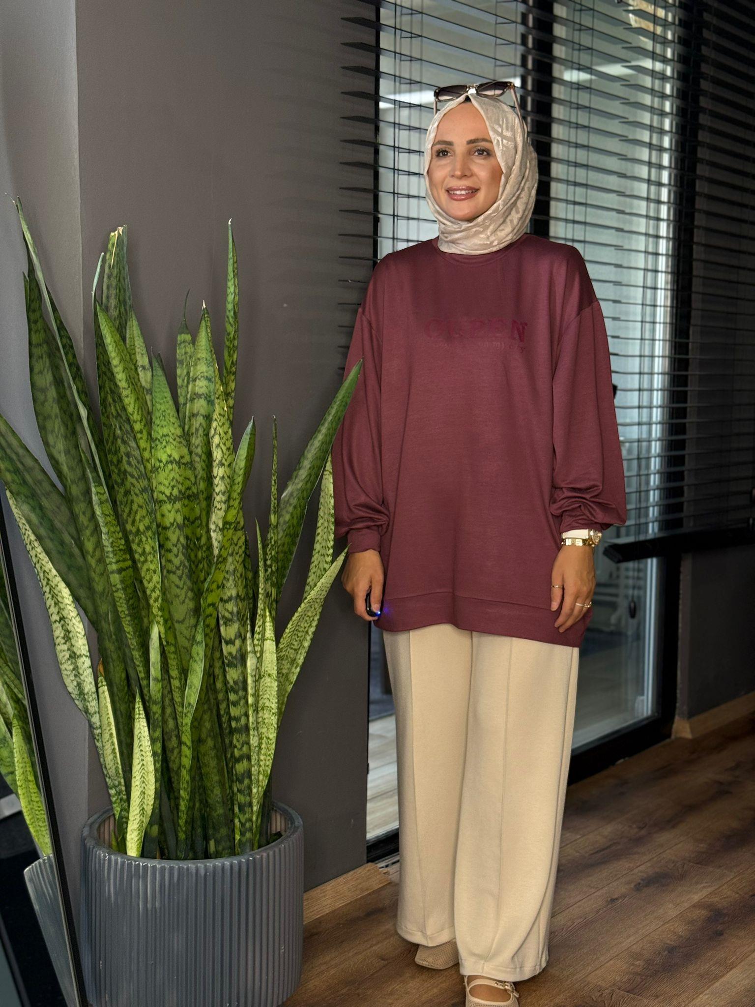 5849 QUEEN BASKI TUNİK MÜRDÜM OVERSİZE