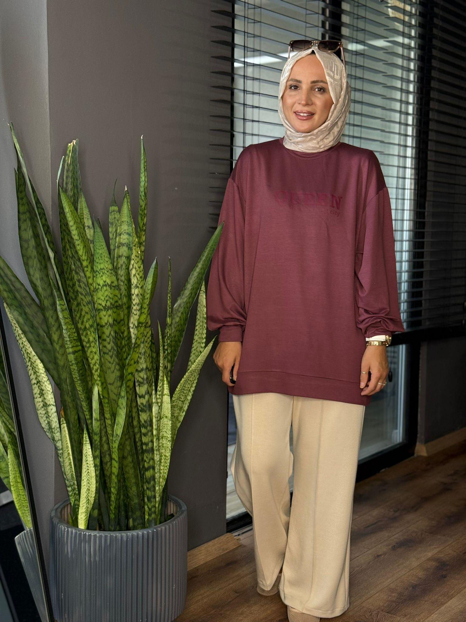 5849 QUEEN BASKI TUNİK MÜRDÜM OVERSİZE