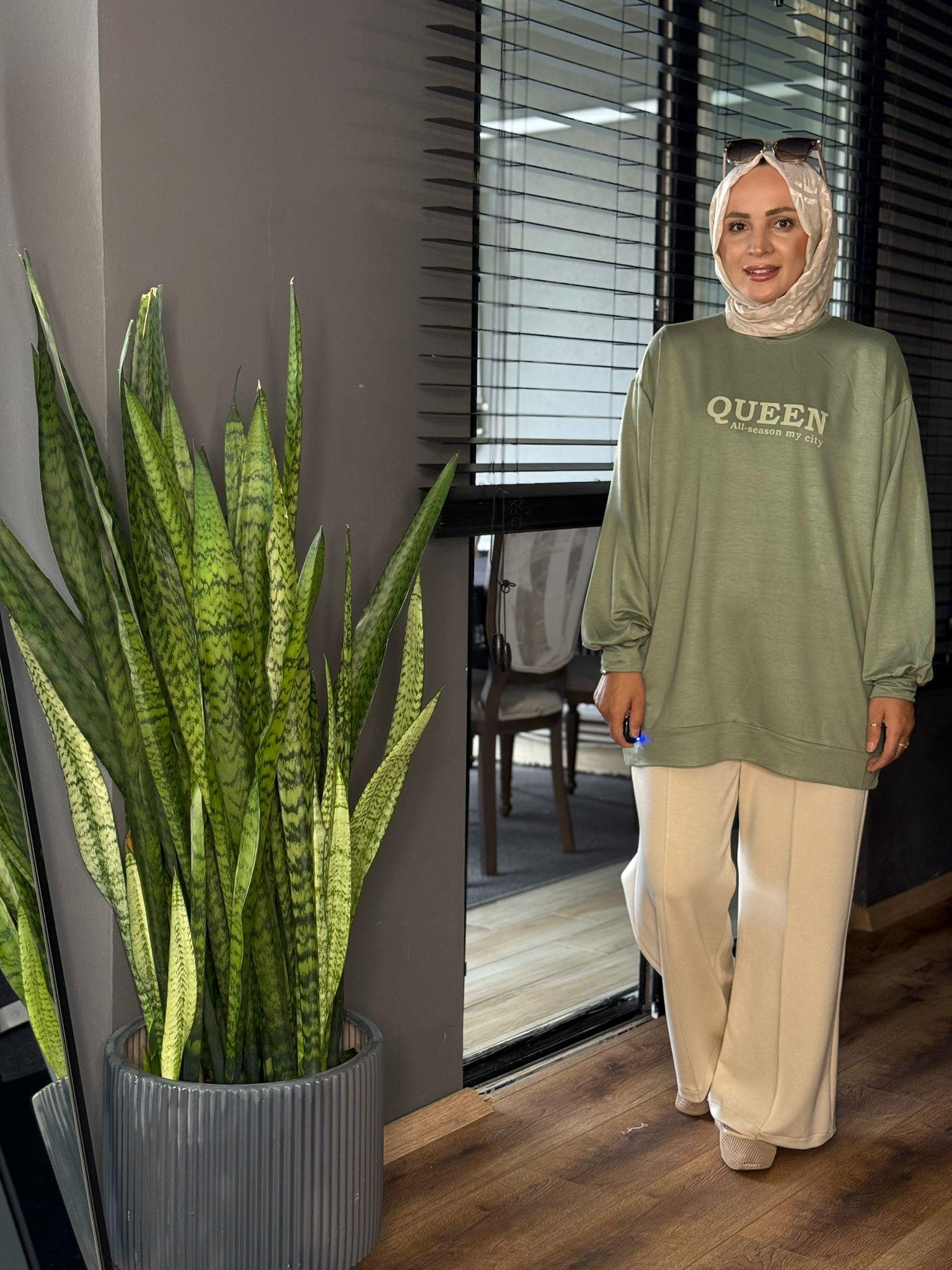 5849 QUEEN BASKI TUNİK YEŞİL OVERSİZE