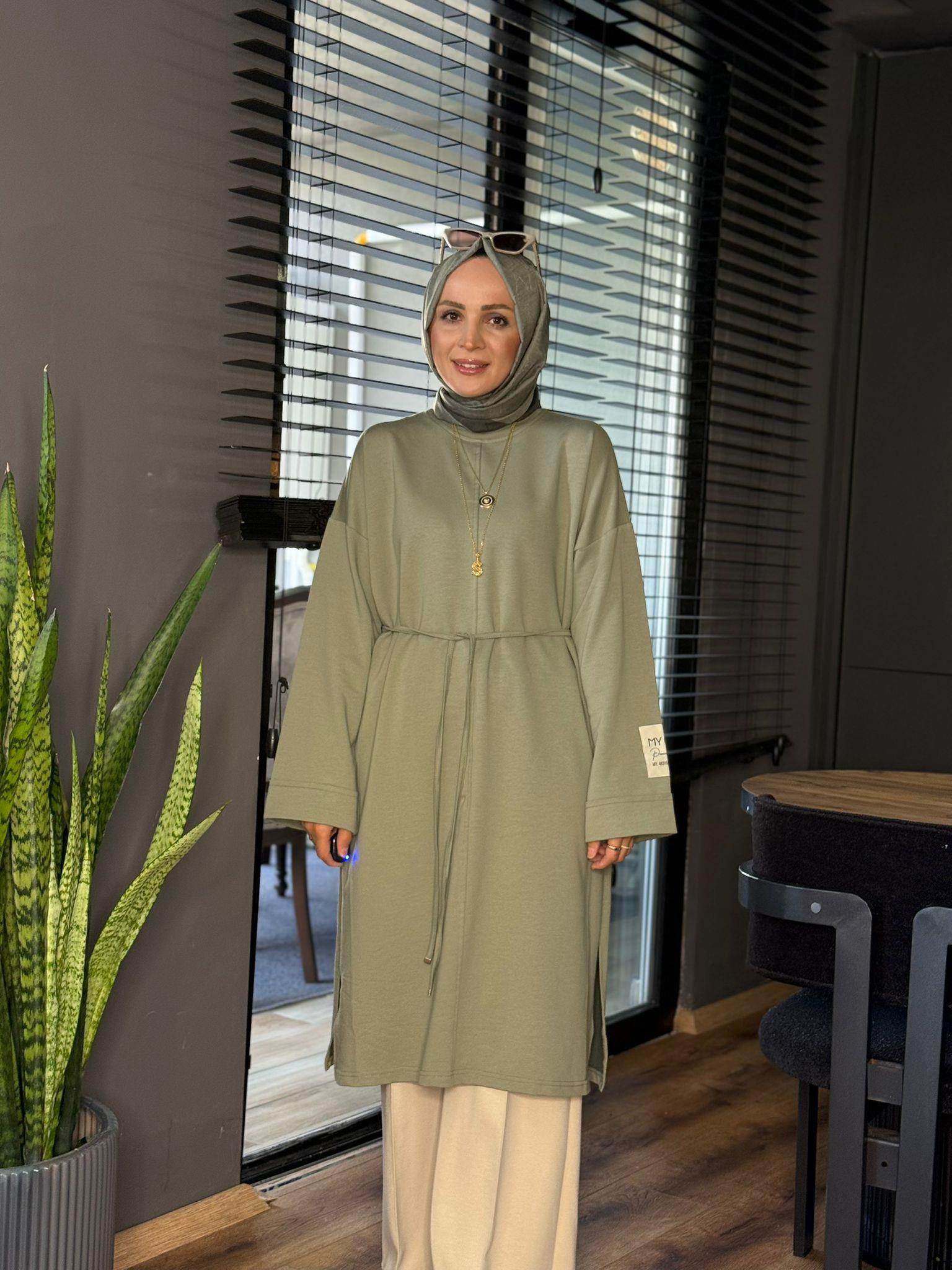 6059 KOLU ETİKETLİ UZUN TUNİK MİNT YEŞİLİ S-M
