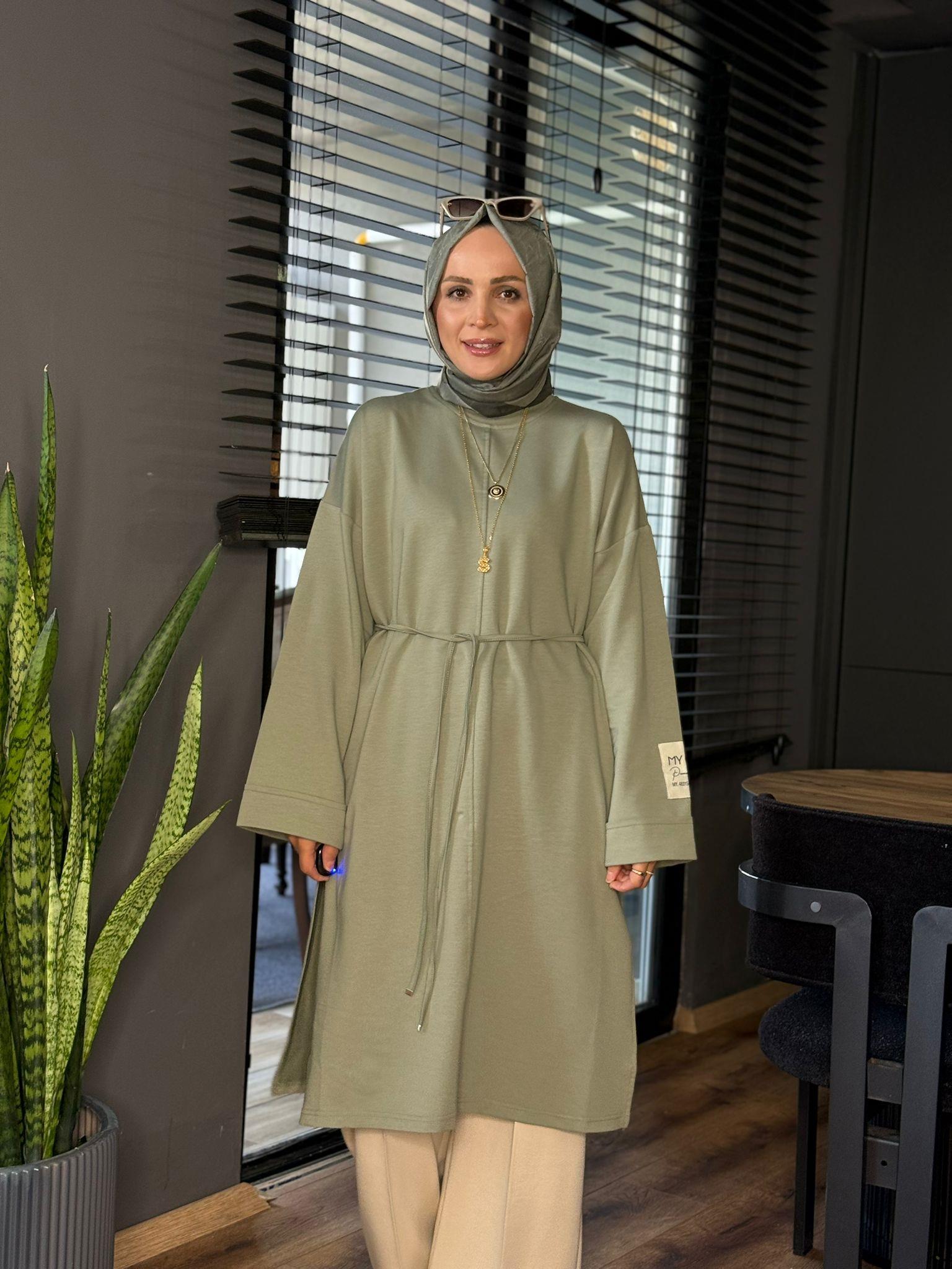 6059 KOLU ETİKETLİ UZUN TUNİK MİNT YEŞİLİ S-M