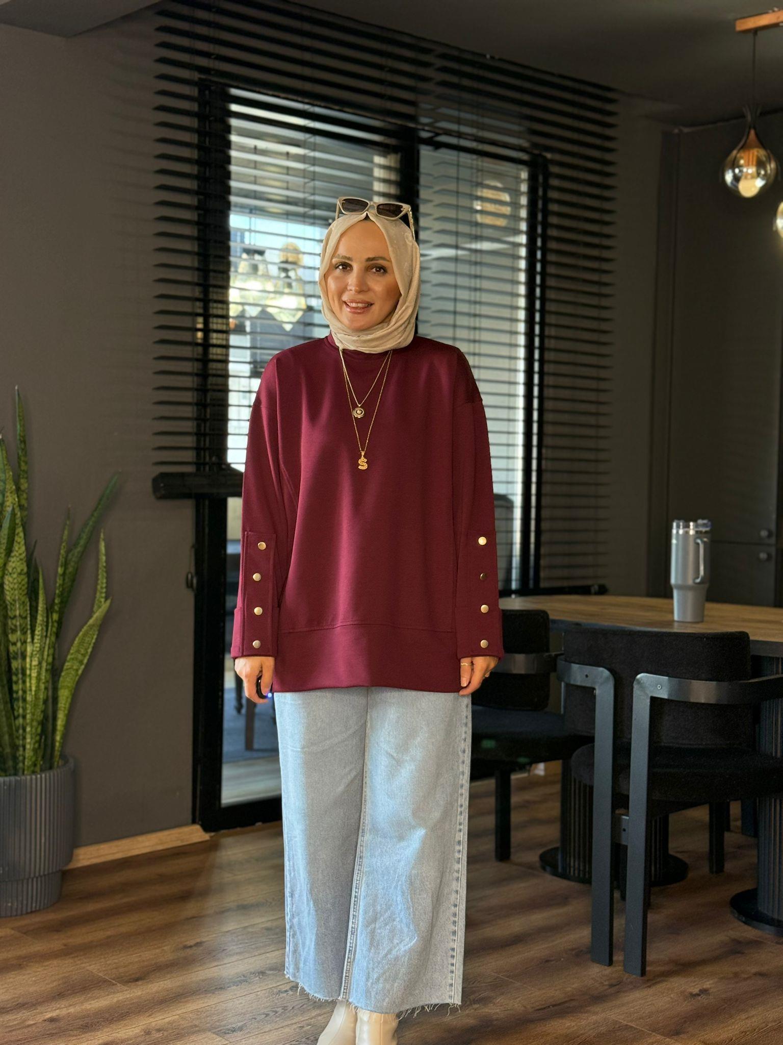 6074 KOL DÜĞME DETAY TUNİK BORDO 