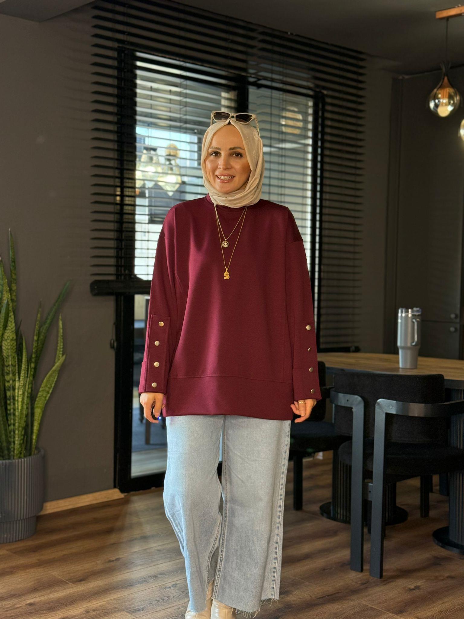 6074 KOL DÜĞME DETAY TUNİK BORDO 