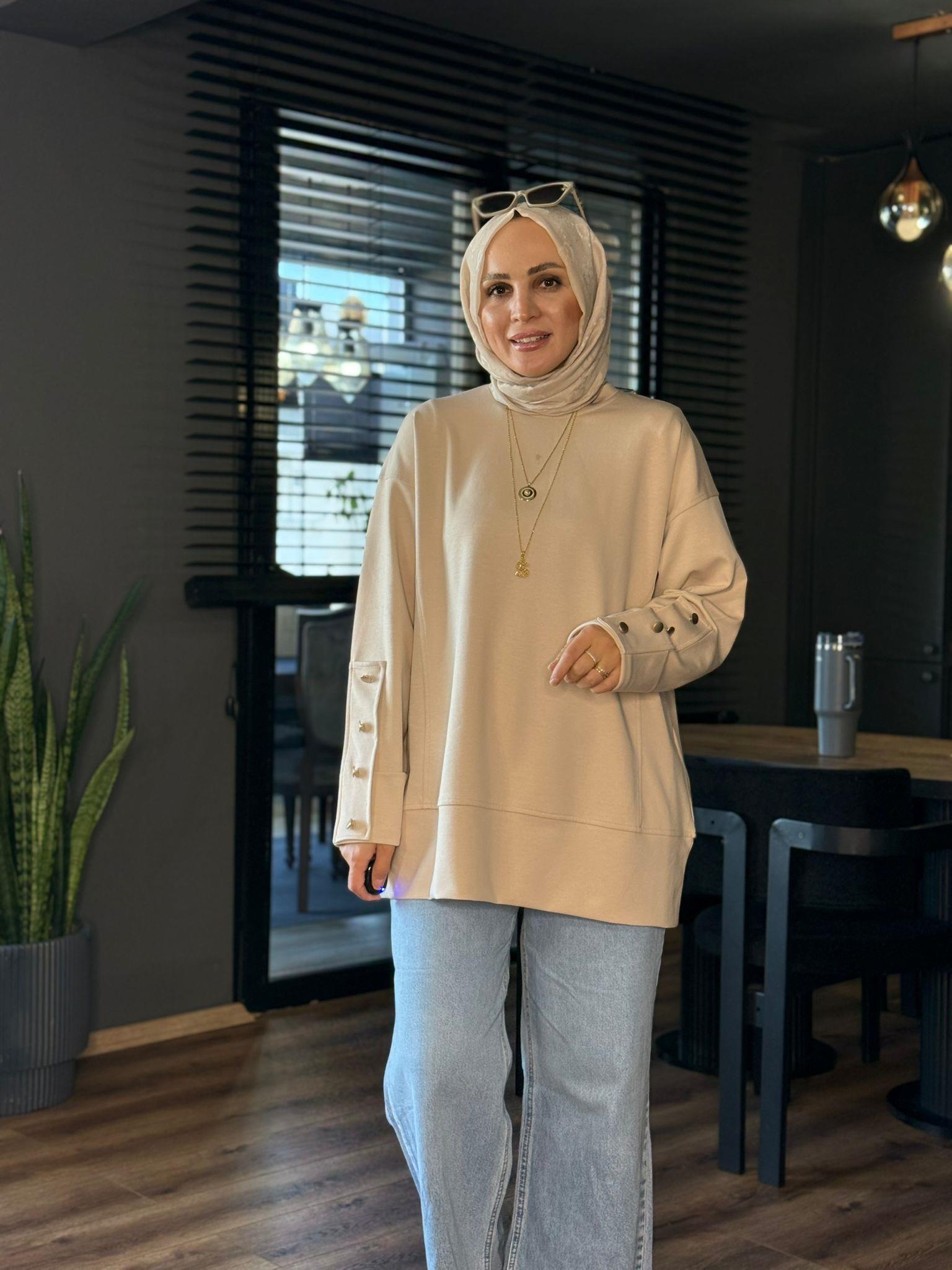 6074 KOL DÜĞME DETAY TUNİK KREM 