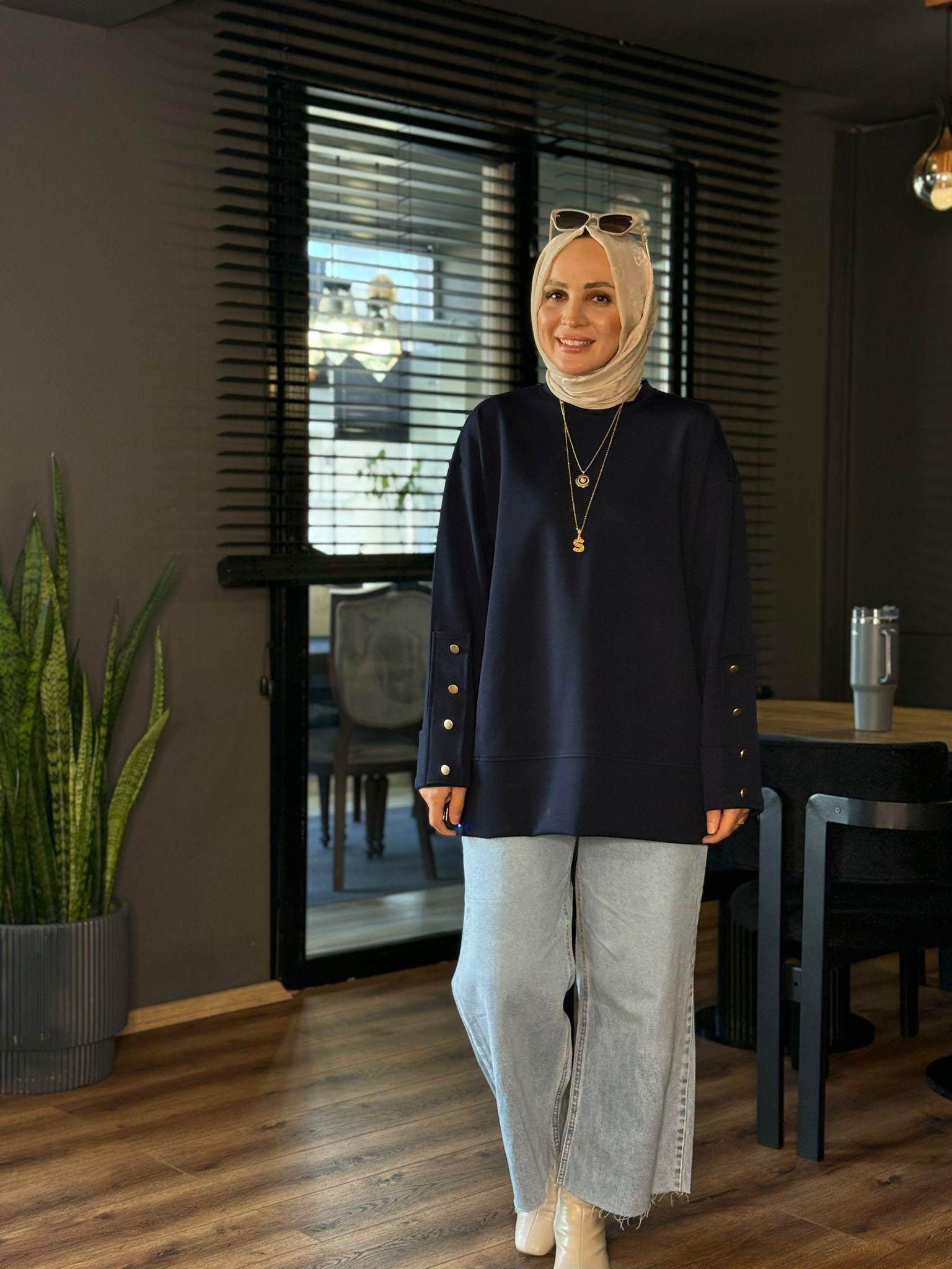 6074 KOL DÜĞME DETAY TUNİK LACİVERT 