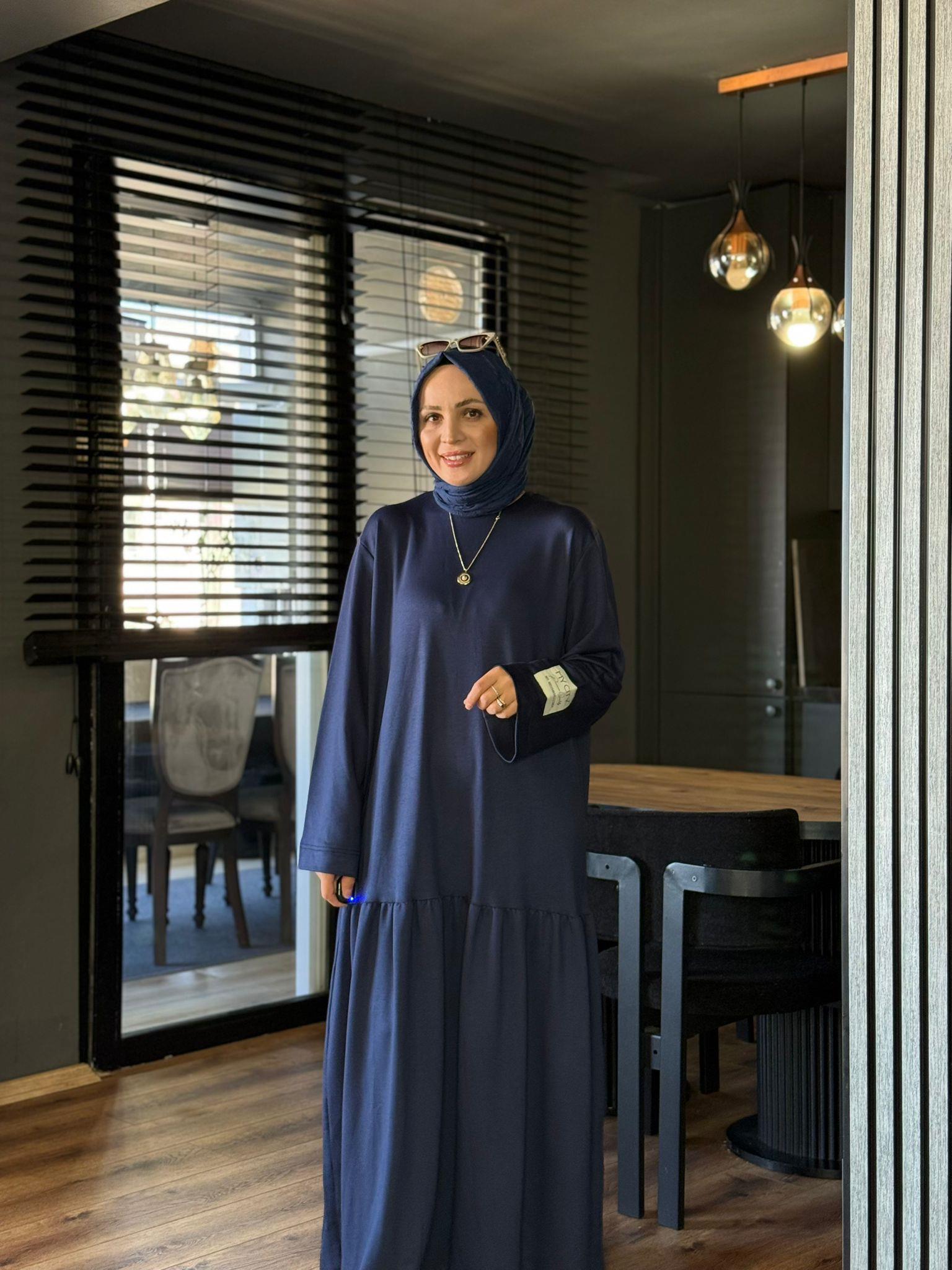 6077 KOL ETİKET DETAY ELBİSE  LACİVERT 