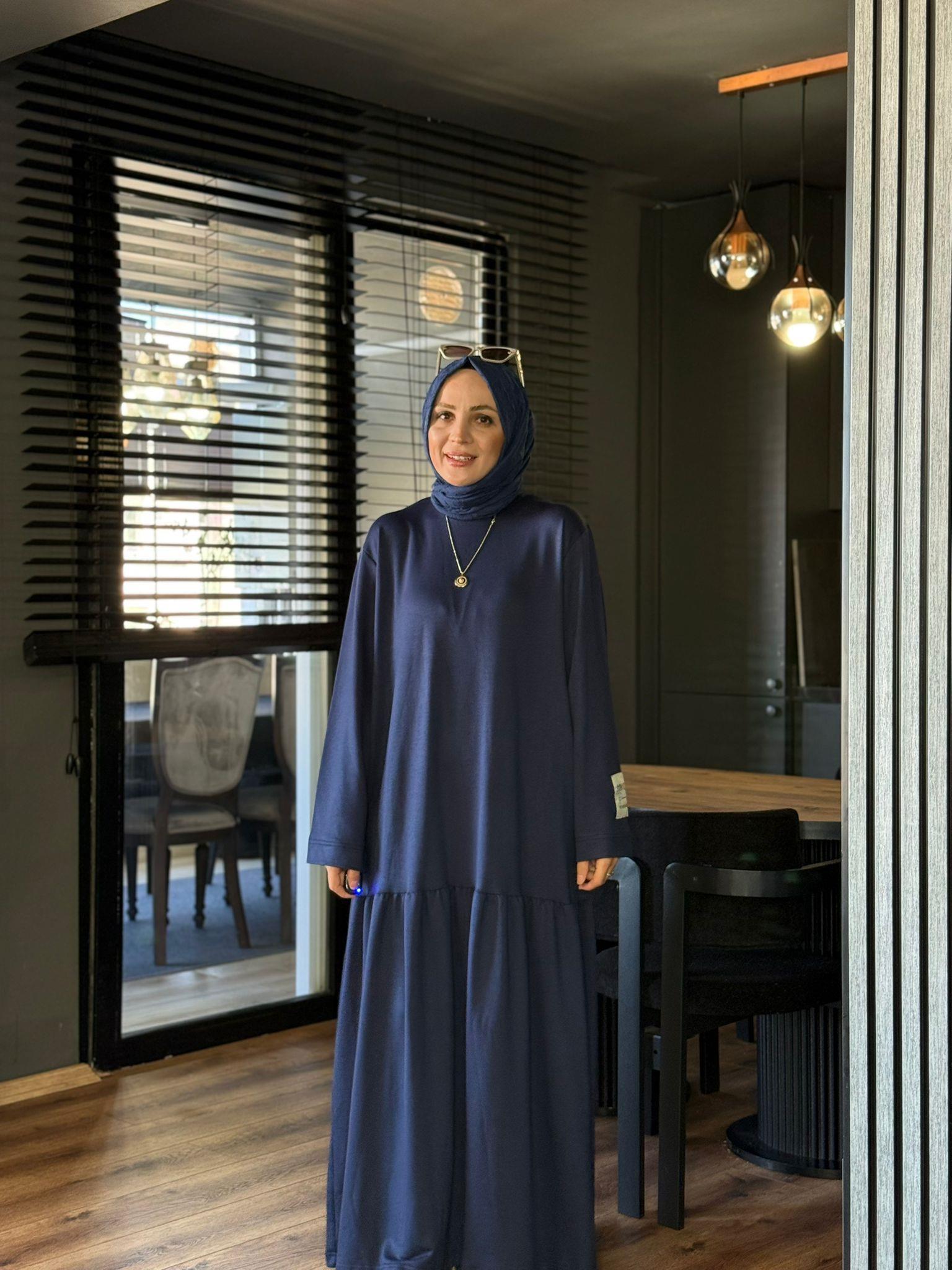 6077 KOL ETİKET DETAY ELBİSE  LACİVERT 