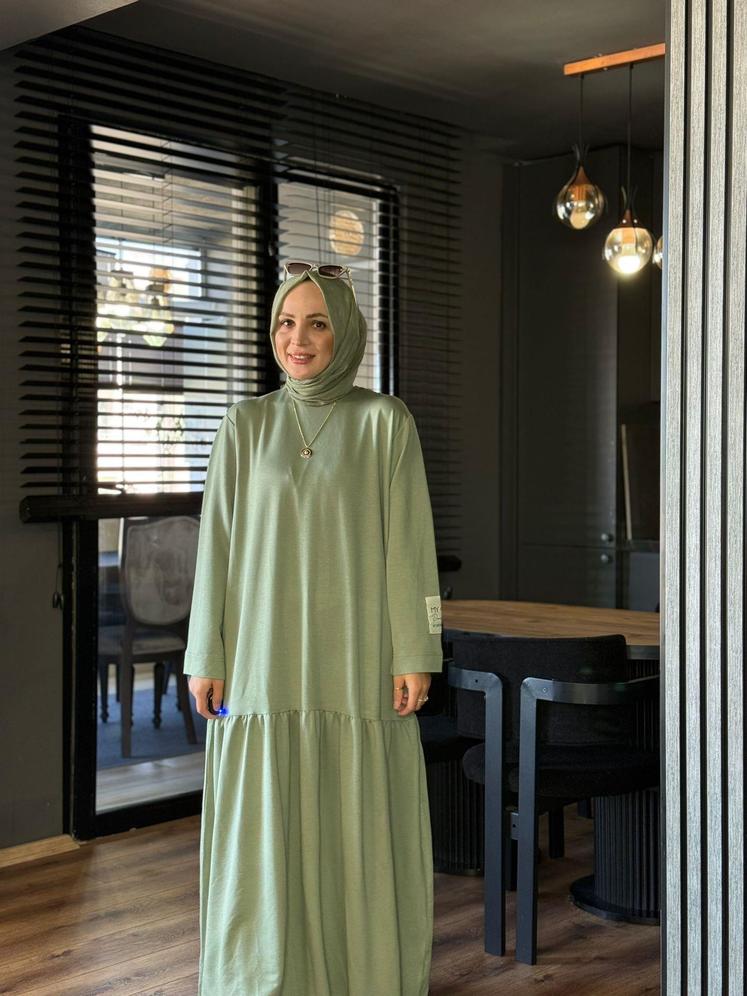 6077 KOL ETİKET DETAY ELBİSE  MİNT YEŞİLİ 