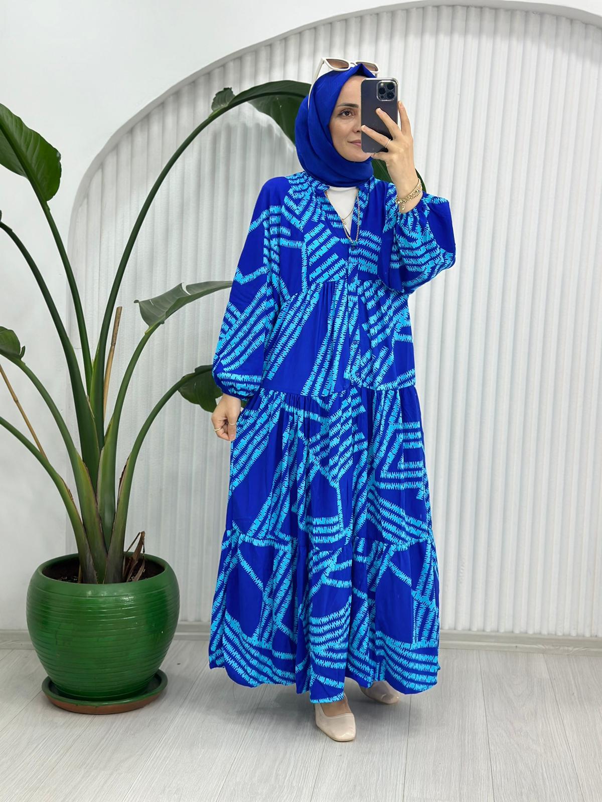 690 DİKİŞ DESEN ELBİSE MAVİ 