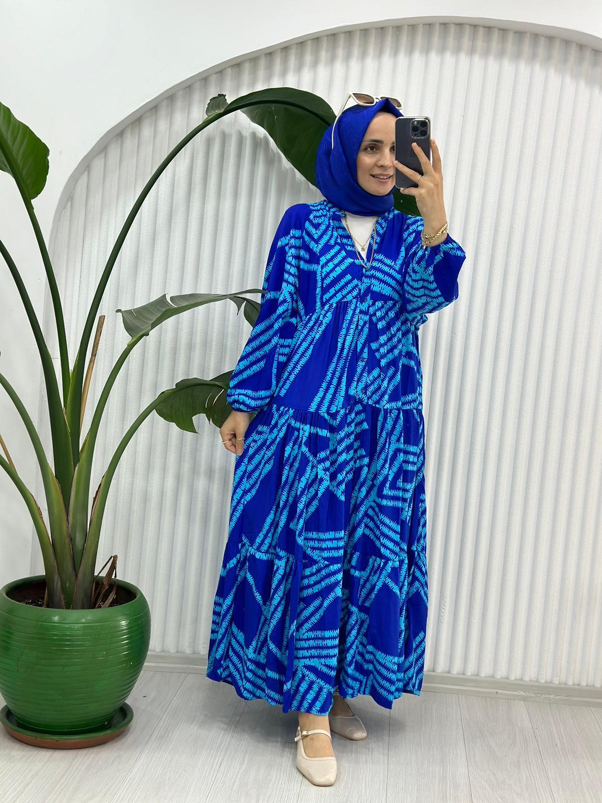 690 DİKİŞ DESEN ELBİSE MAVİ 