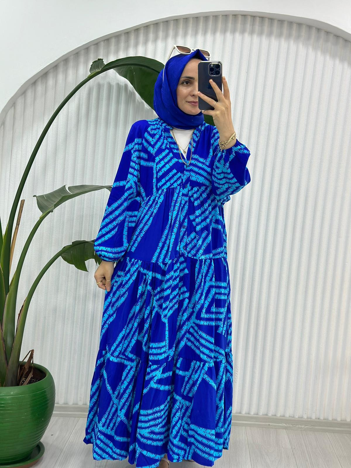 690 DİKİŞ DESEN ELBİSE MAVİ 