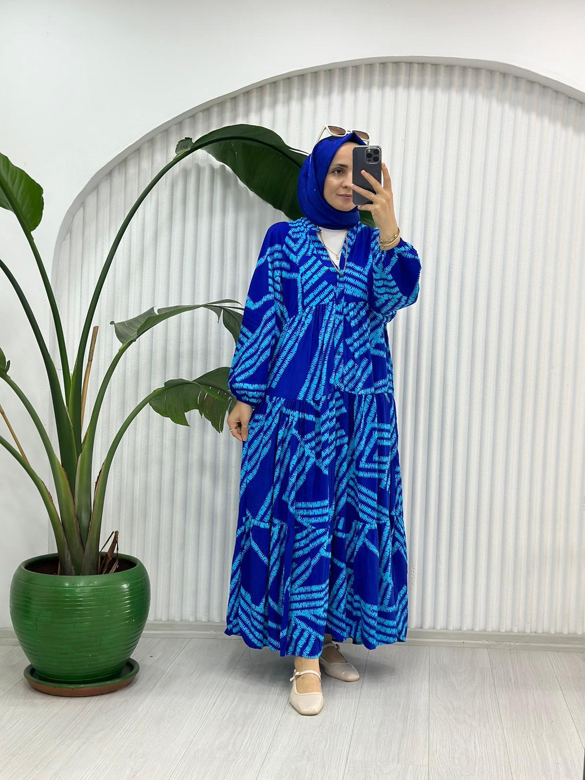 690 DİKİŞ DESEN ELBİSE MAVİ 