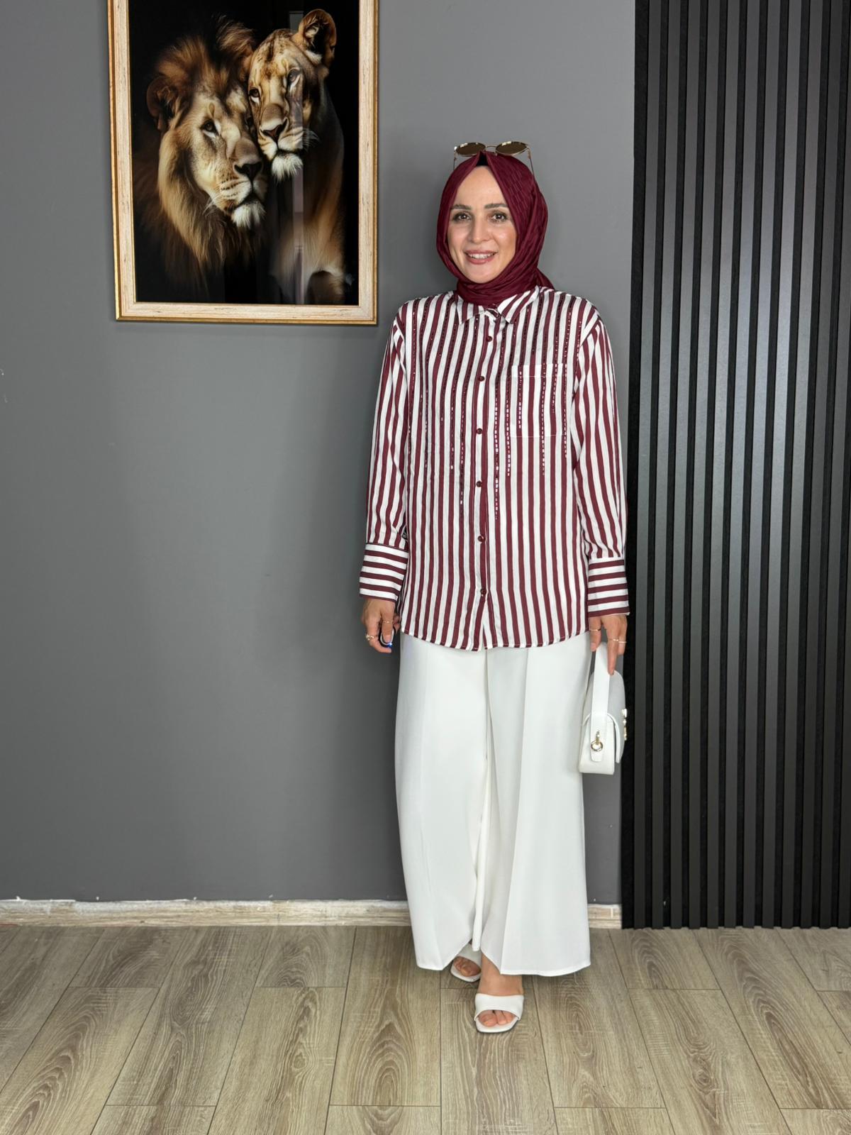 7493 TAŞ DETAY ÇİZGİLİ GÖMLEK BORDO 