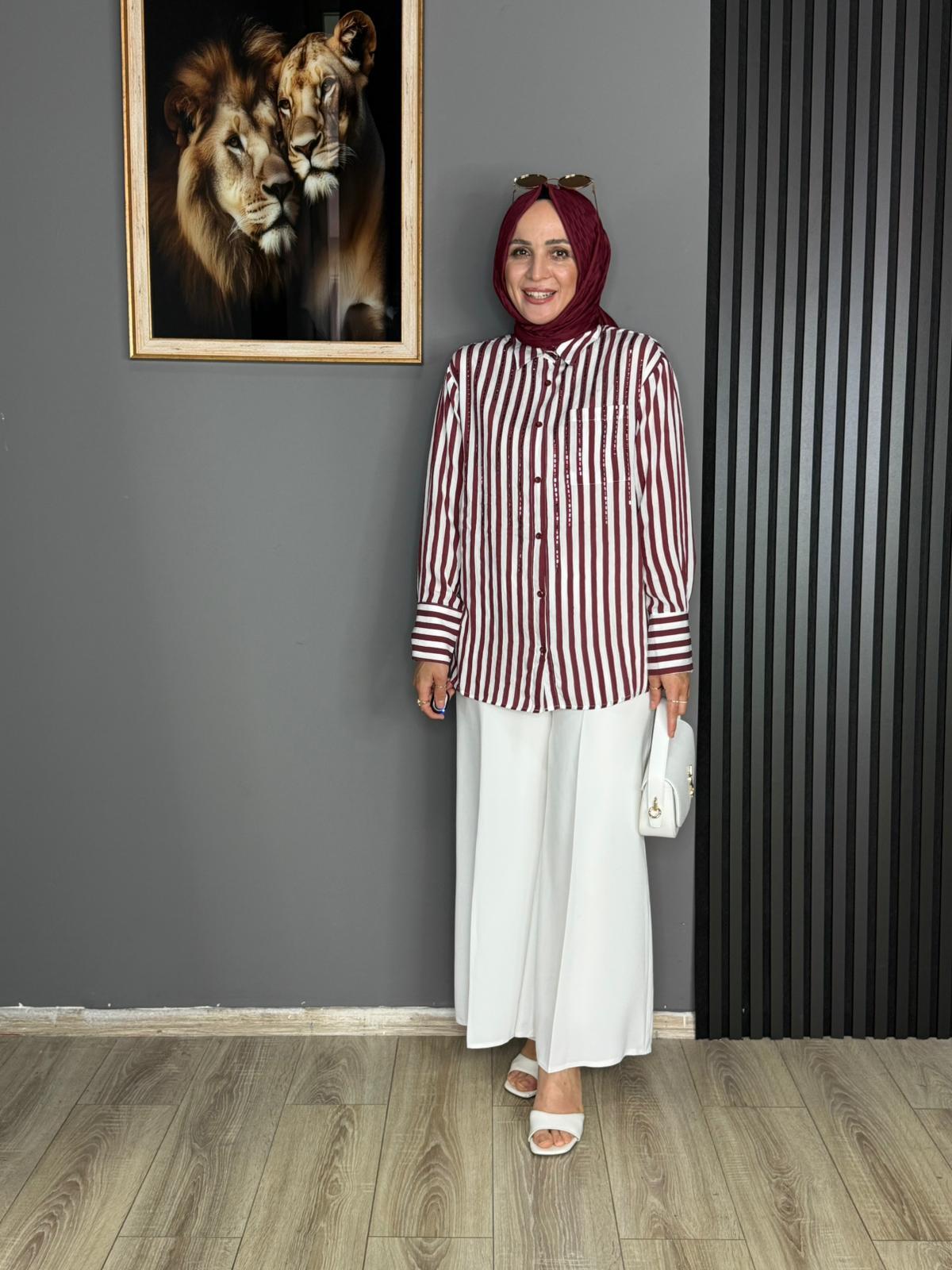 7493 TAŞ DETAY ÇİZGİLİ GÖMLEK BORDO 