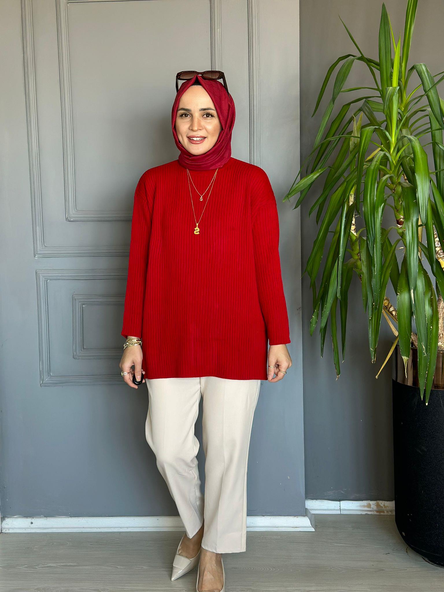 80038 TRİKO ÇİZGİLİ KAZAK KIRMIZI