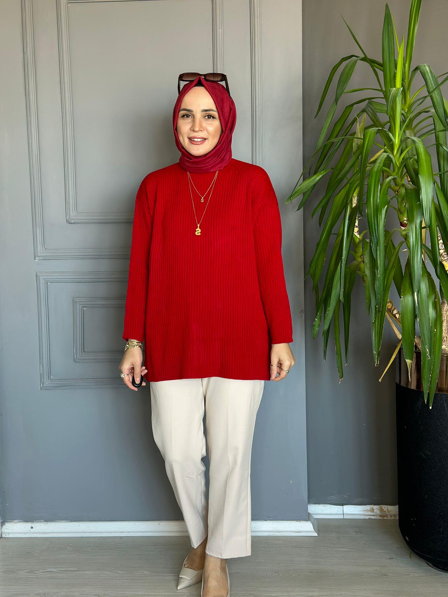 80038 TRİKO ÇİZGİLİ KAZAK KIRMIZI