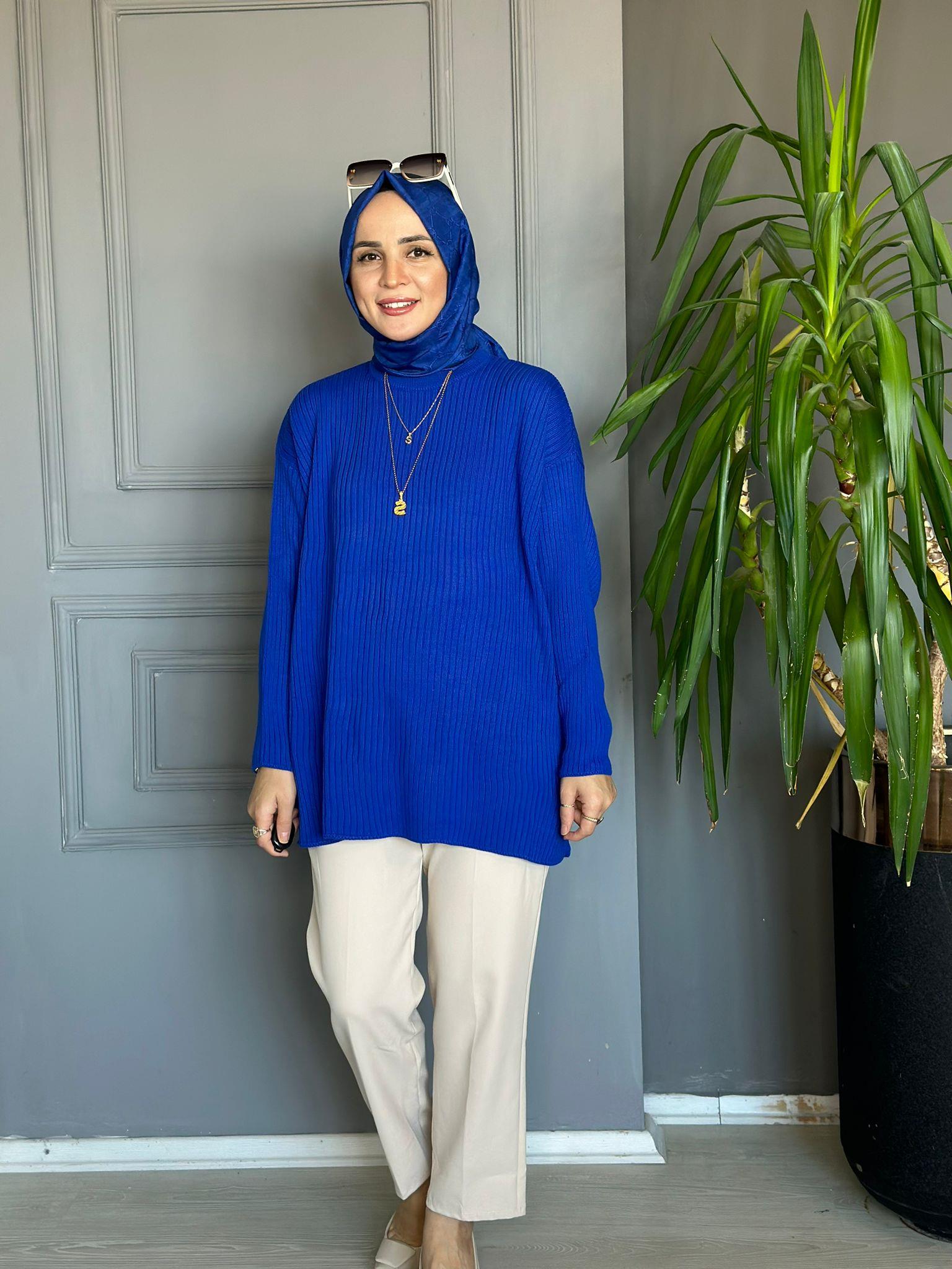 80038 TRİKO ÇİZGİLİ KAZAK MAVİ